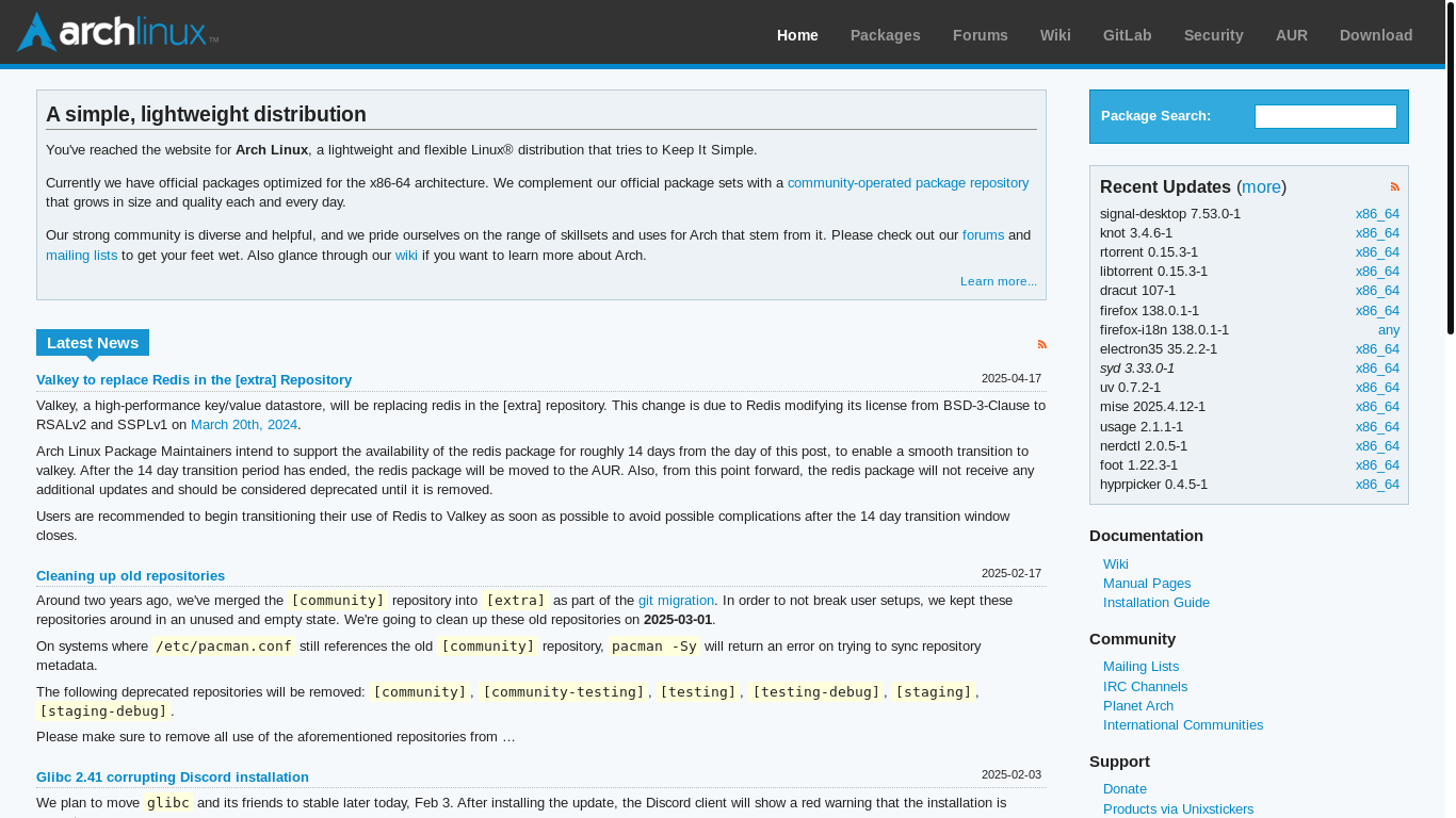 website screenshot of https://archlinux.org/