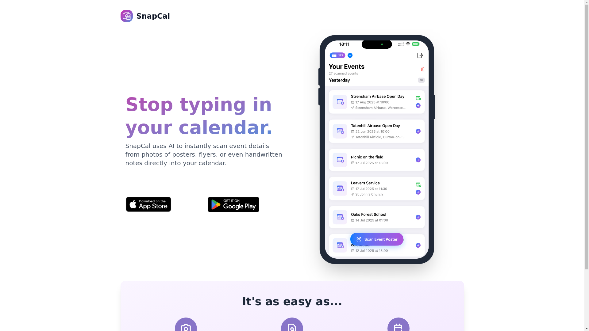 website screenshot of https://getsnapcal.com/