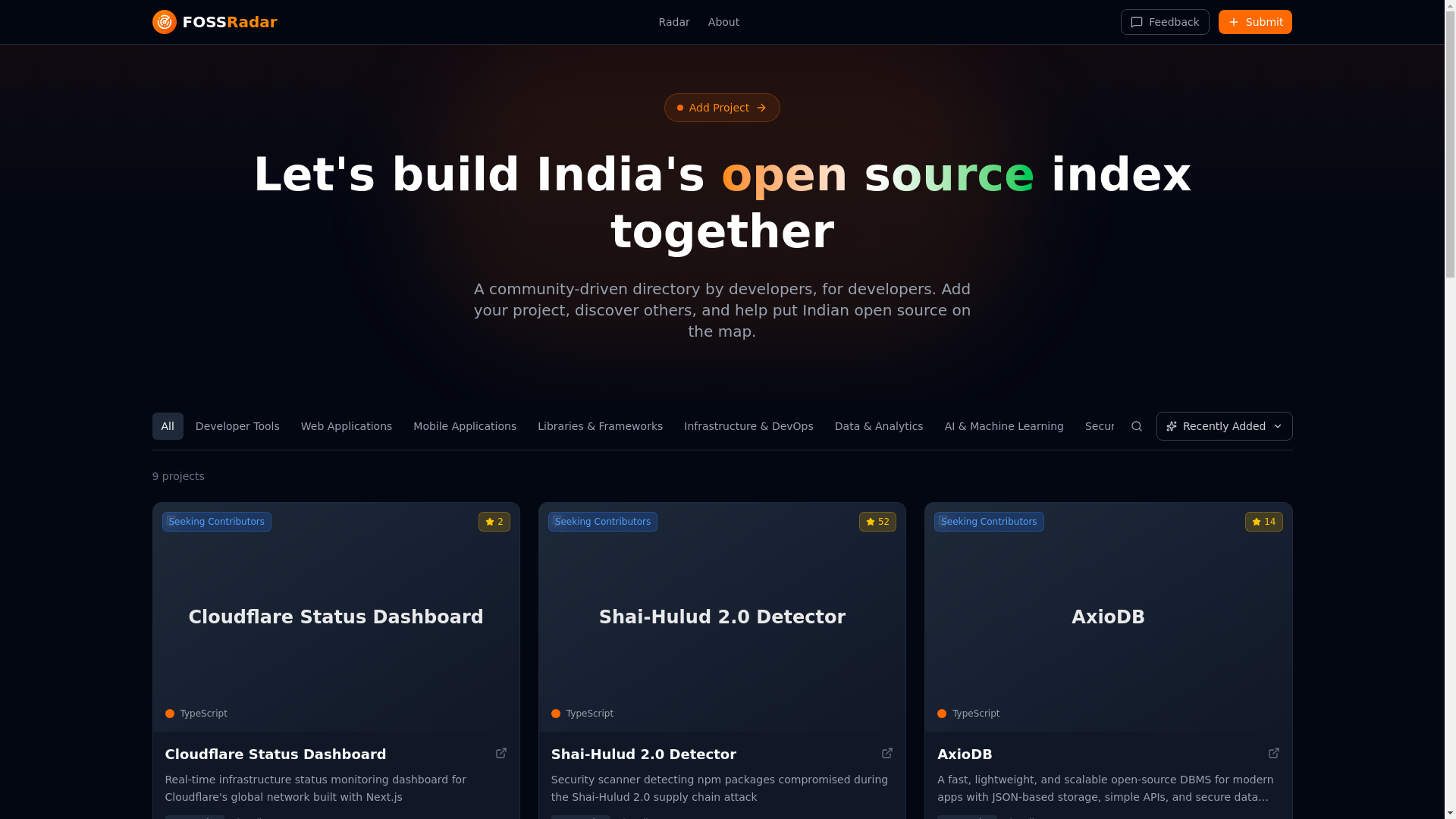 website screenshot of https://fossradar.dev/