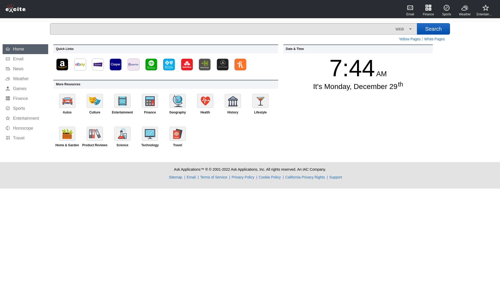 website screenshot of http://www.excite.com/