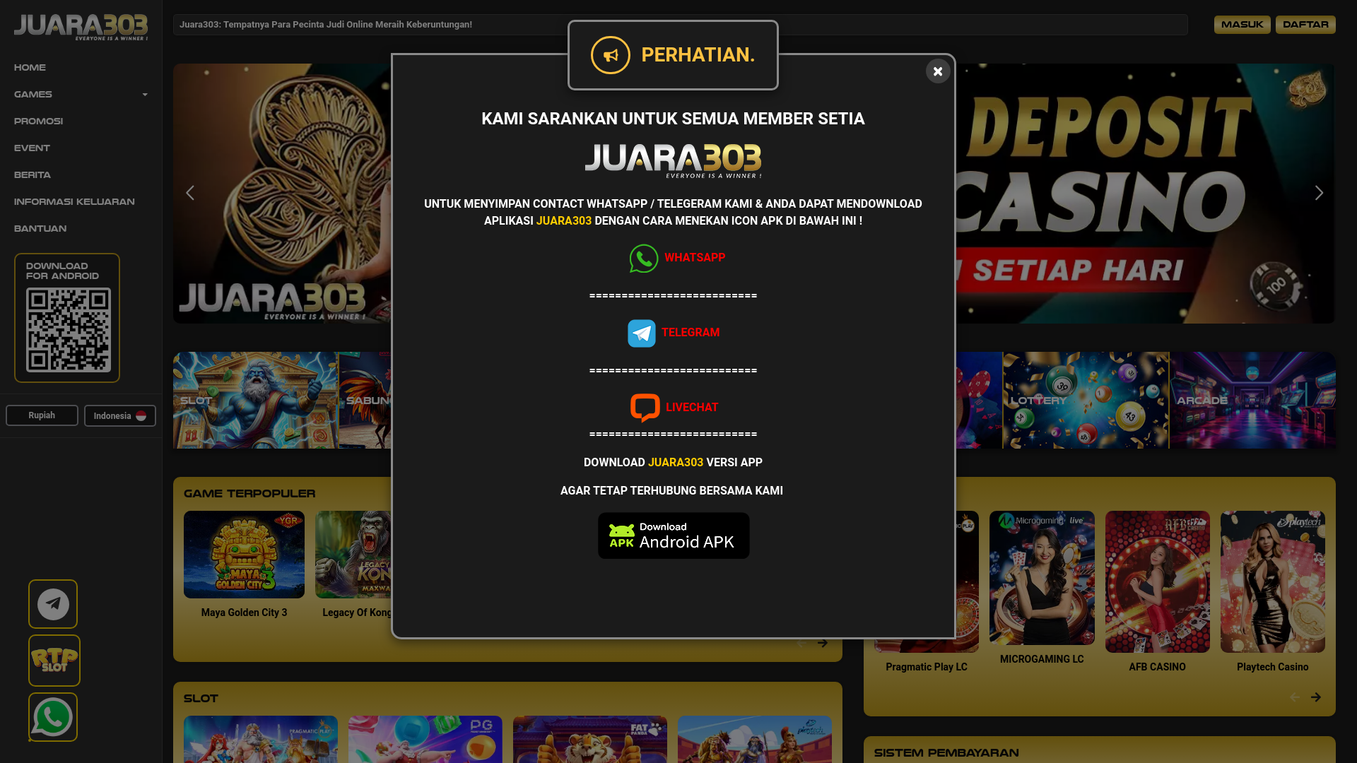 website screenshot of https://juara303.center/