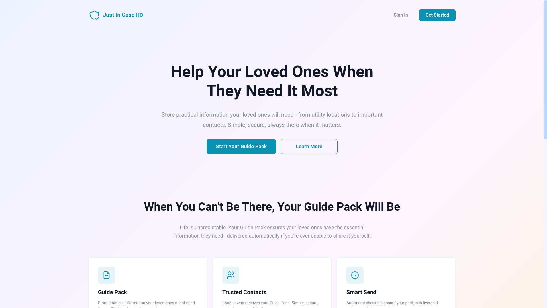 website screenshot of https://justincasehq.com/