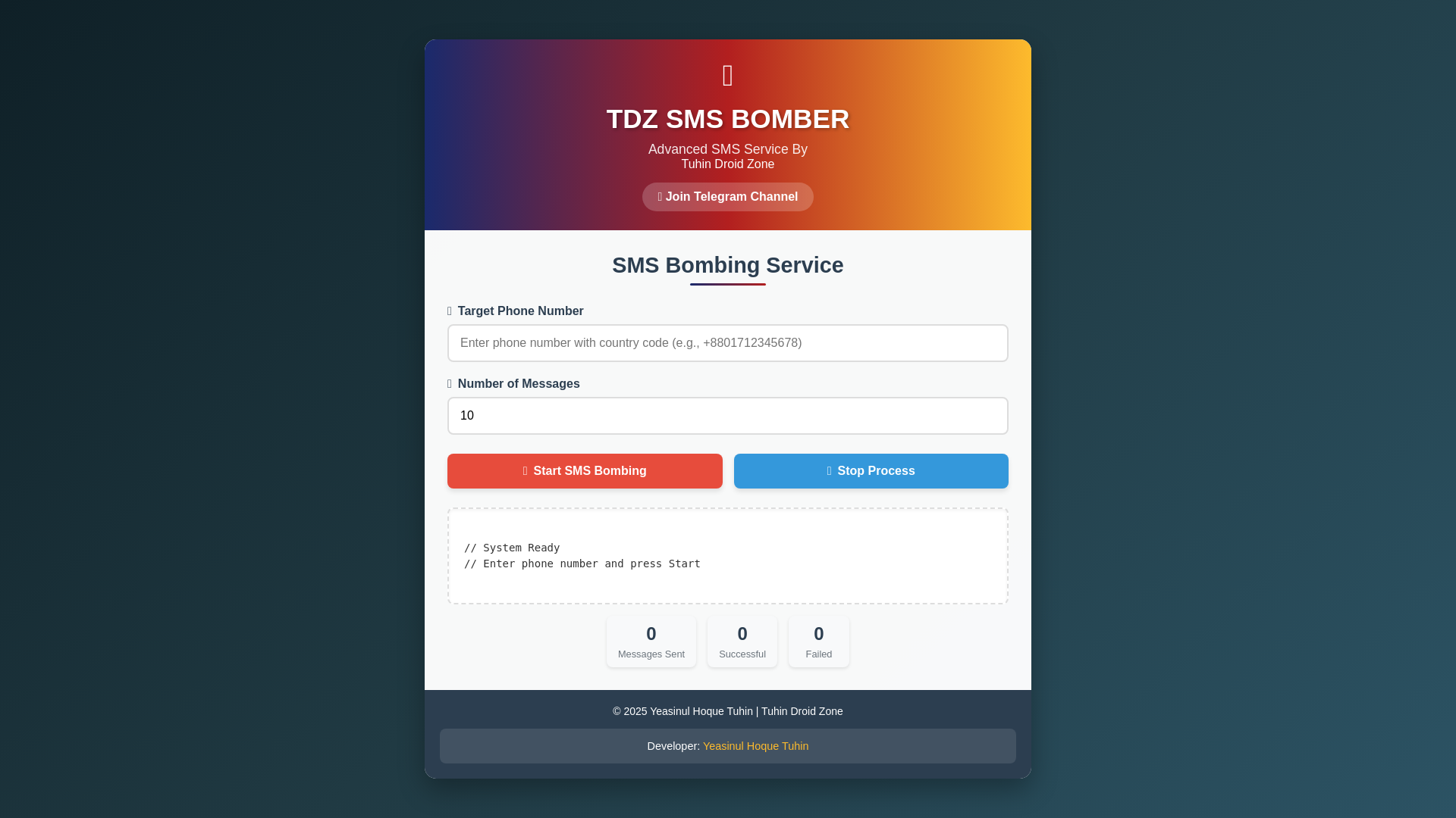 website screenshot of https://tdz-sms-bomber.pages.dev/