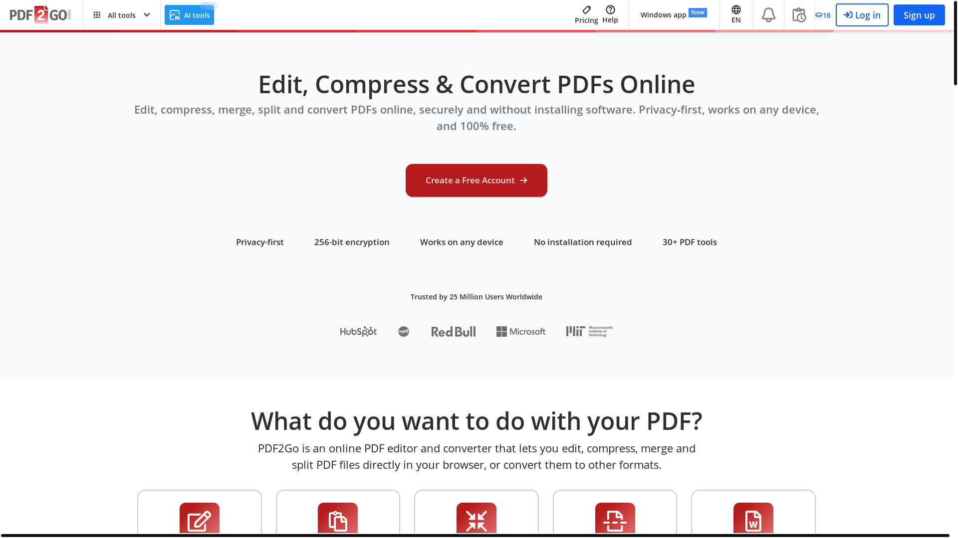 website screenshot of https://www.pdf2go.com/