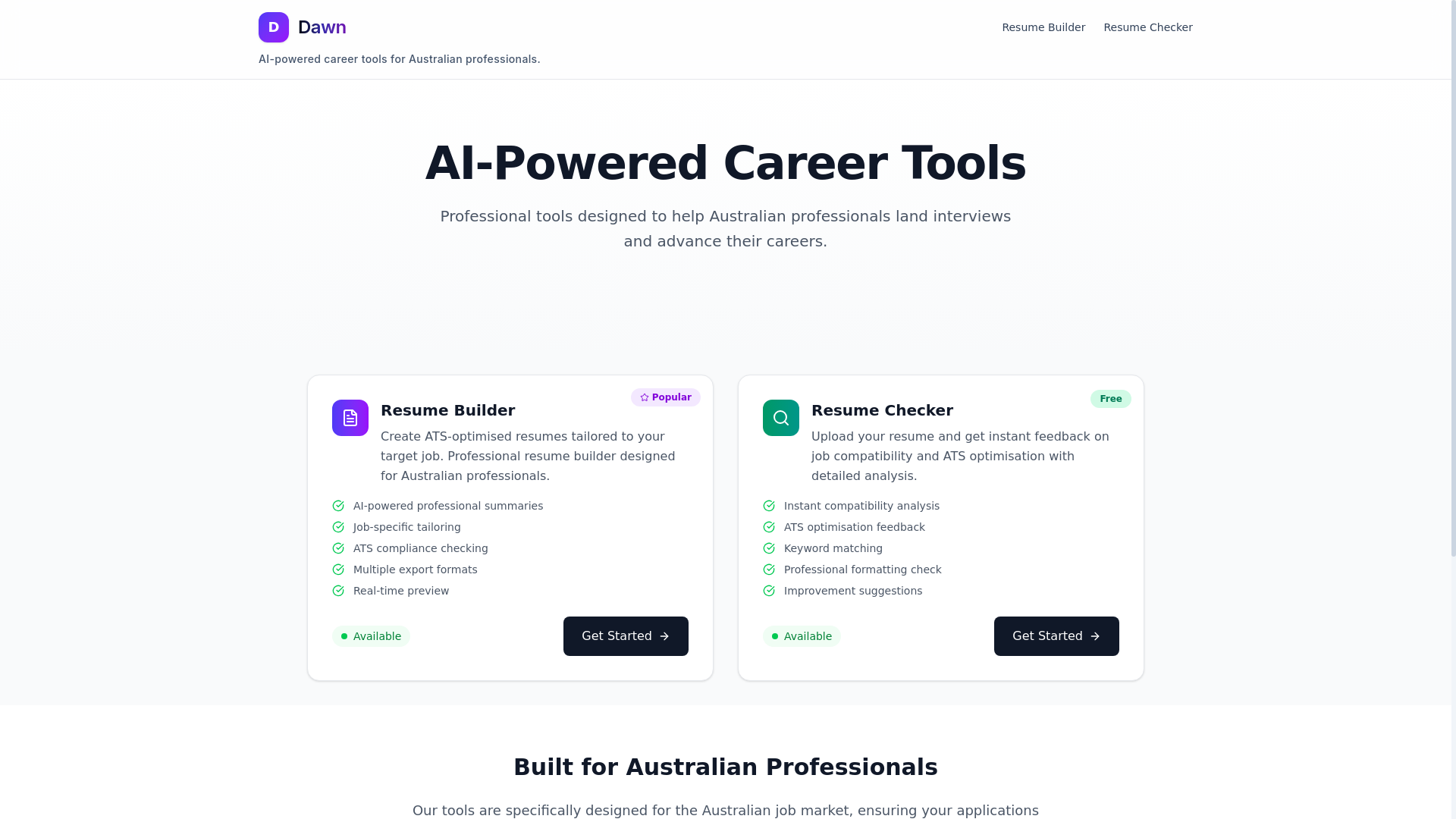 website screenshot of https://getdawn.com.au/