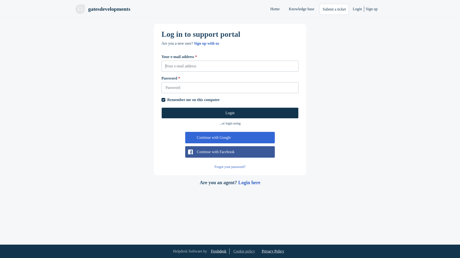 website screenshot of https://gatesdevelopments.freshdesk.com/support/login