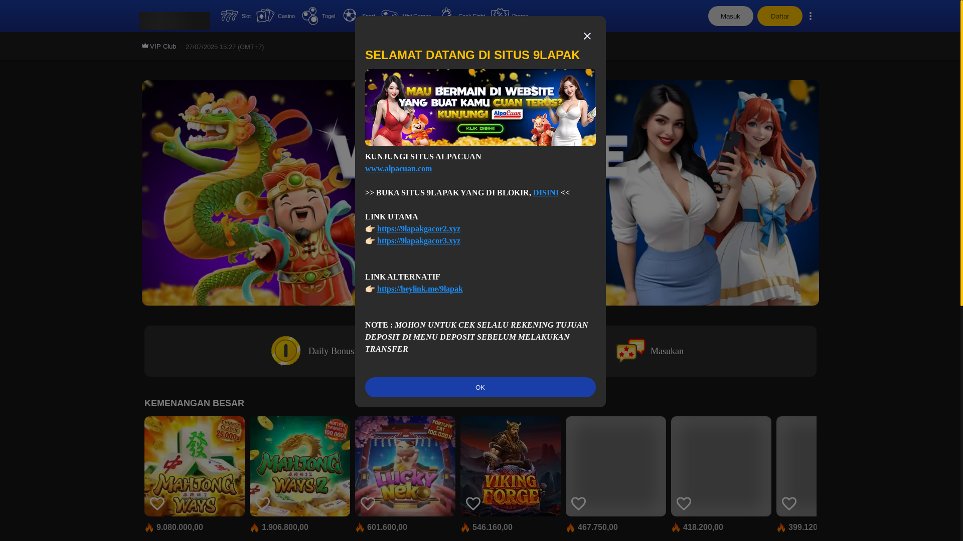 website screenshot of https://9lapakgacor5.xyz/