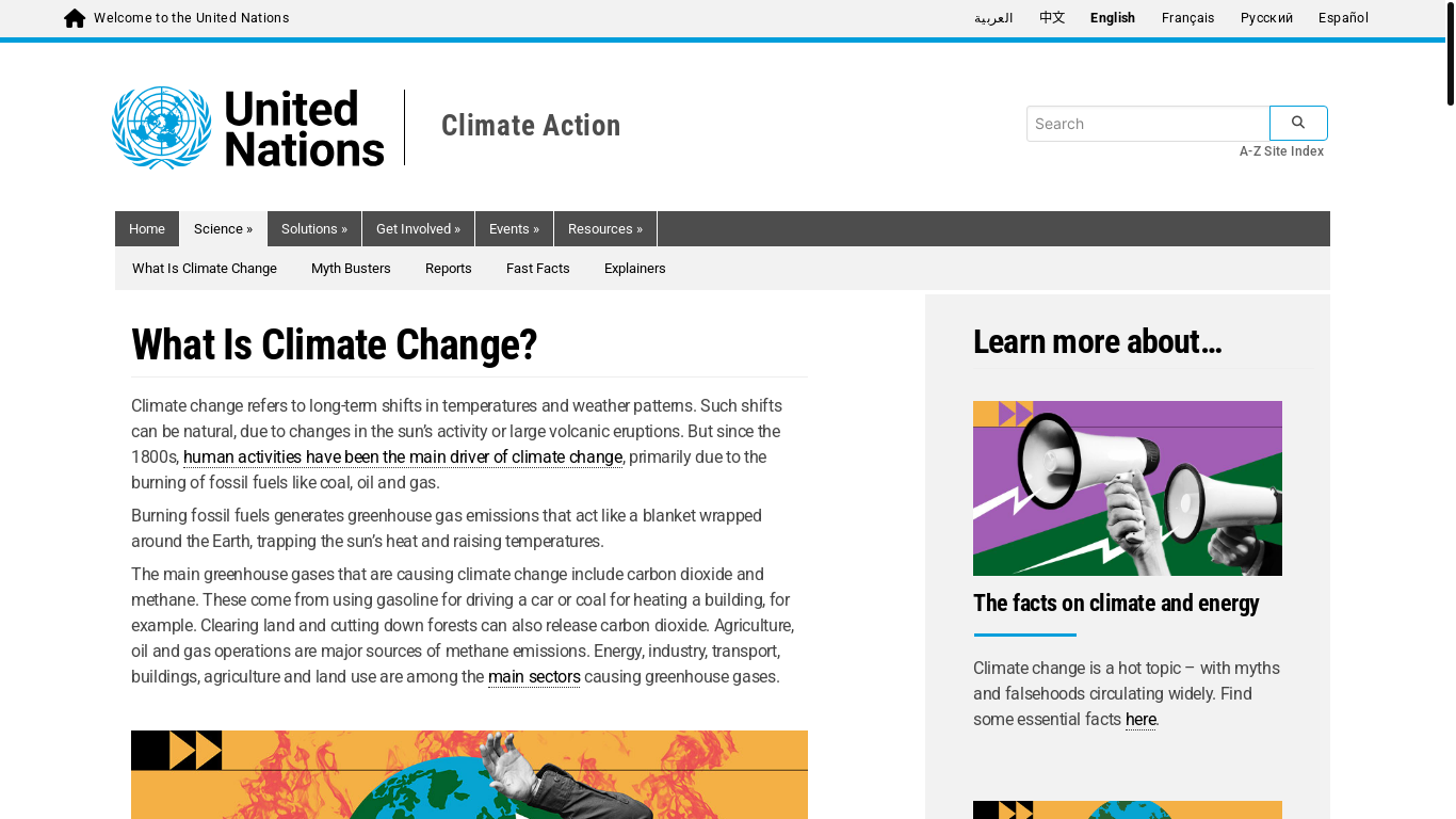 website screenshot of https://www.un.org/en/climatechange/what-is-climate-change