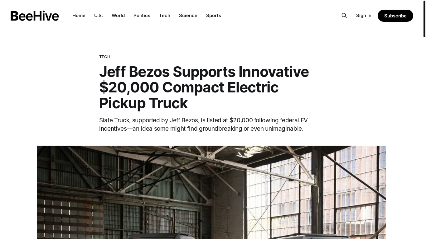 website screenshot of https://news.beehive.systems/jeff-bezos-supports-innovative-20-000-compact-electric-pickup-truck/