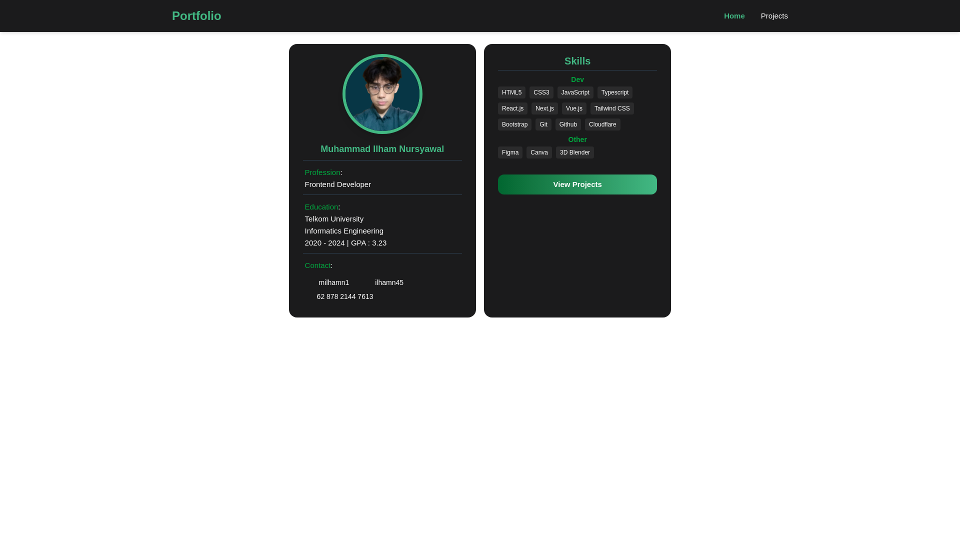 website screenshot of https://milhamn.pages.dev/