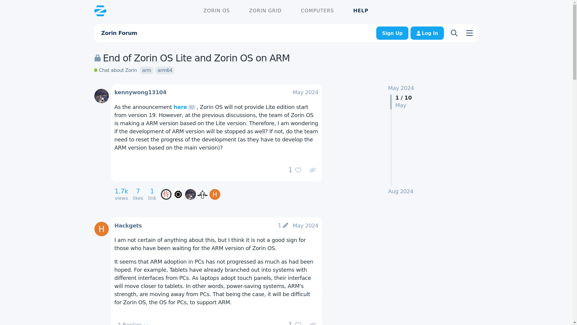 website screenshot of https://forum.zorin.com/t/end-of-zorin-os-lite-and-zorin-os-on-arm/37754
