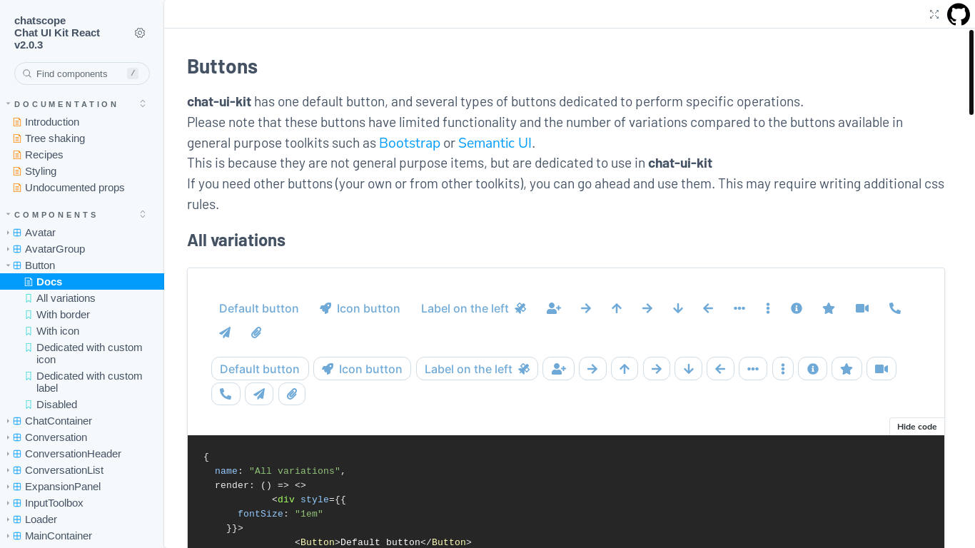 website screenshot of https://chatscope.io/storybook/react/?path=/docs/components-button--docs