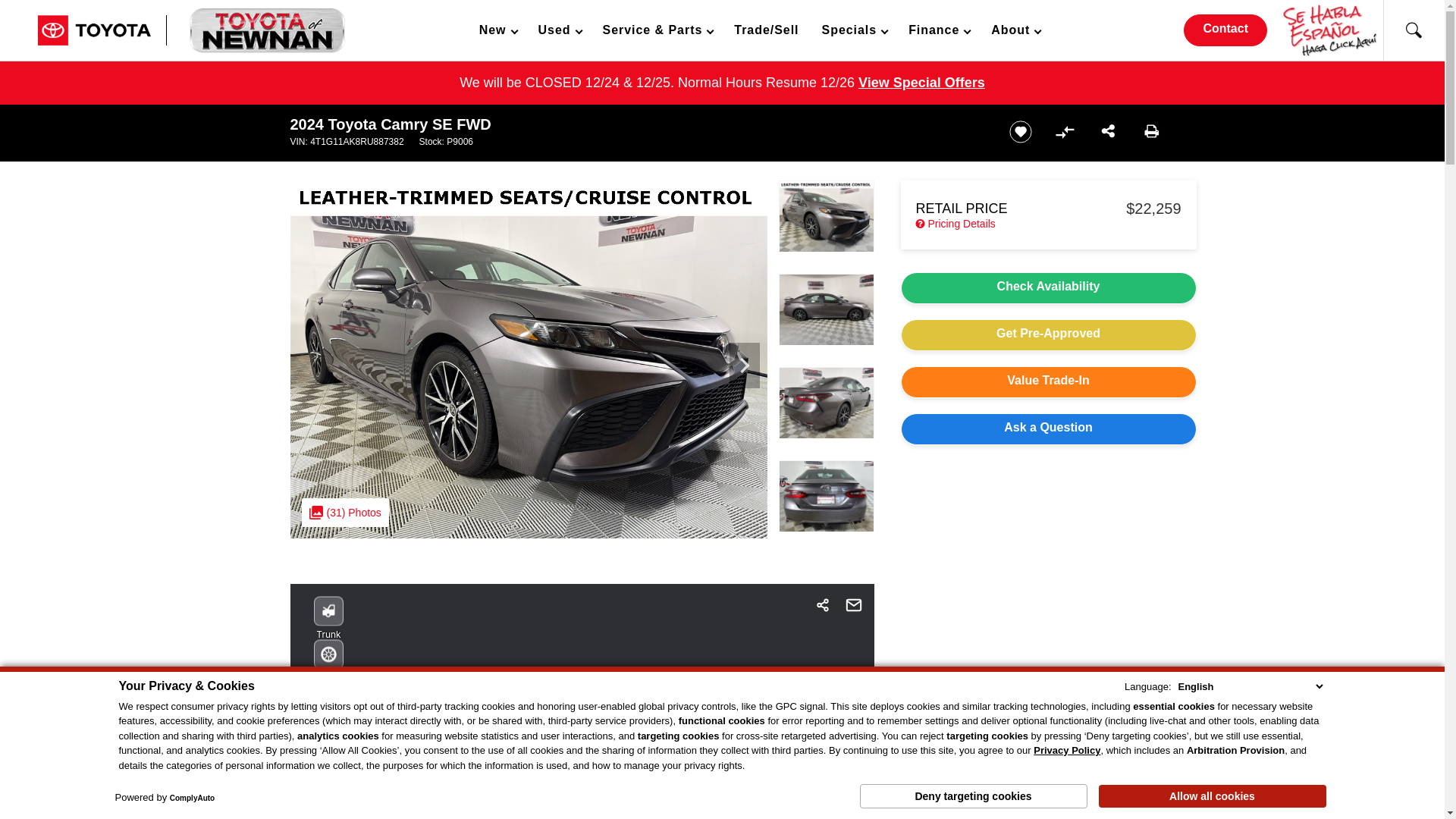 website screenshot of https://www.toyotaofnewnan.com/inventory/used-2024-toyota-camry-se-fwd-4d-sedan-4t1g11ak8ru887382/