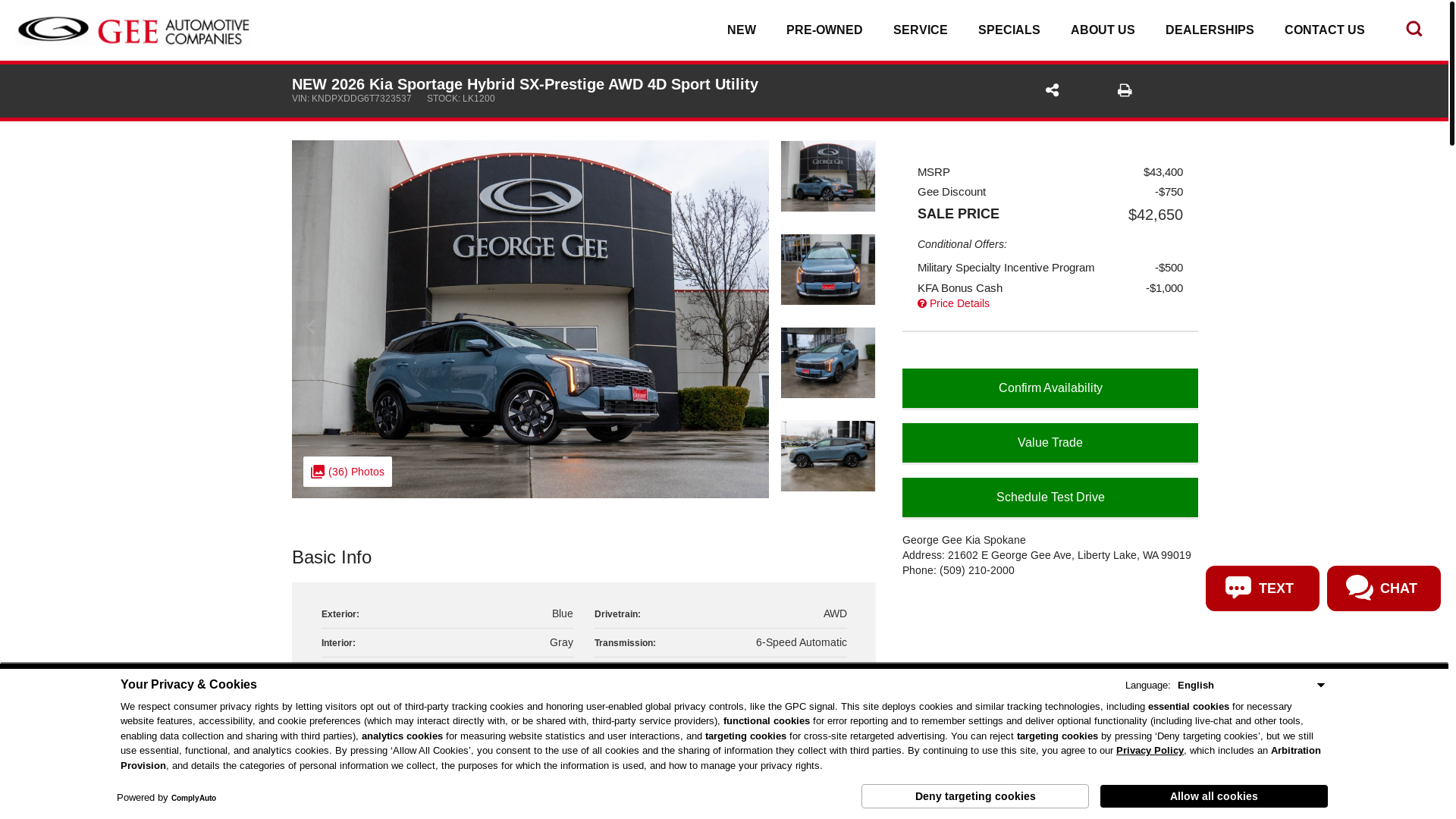 website screenshot of https://www.goseegee.com/inventory/KNDPXDDG6T7323537