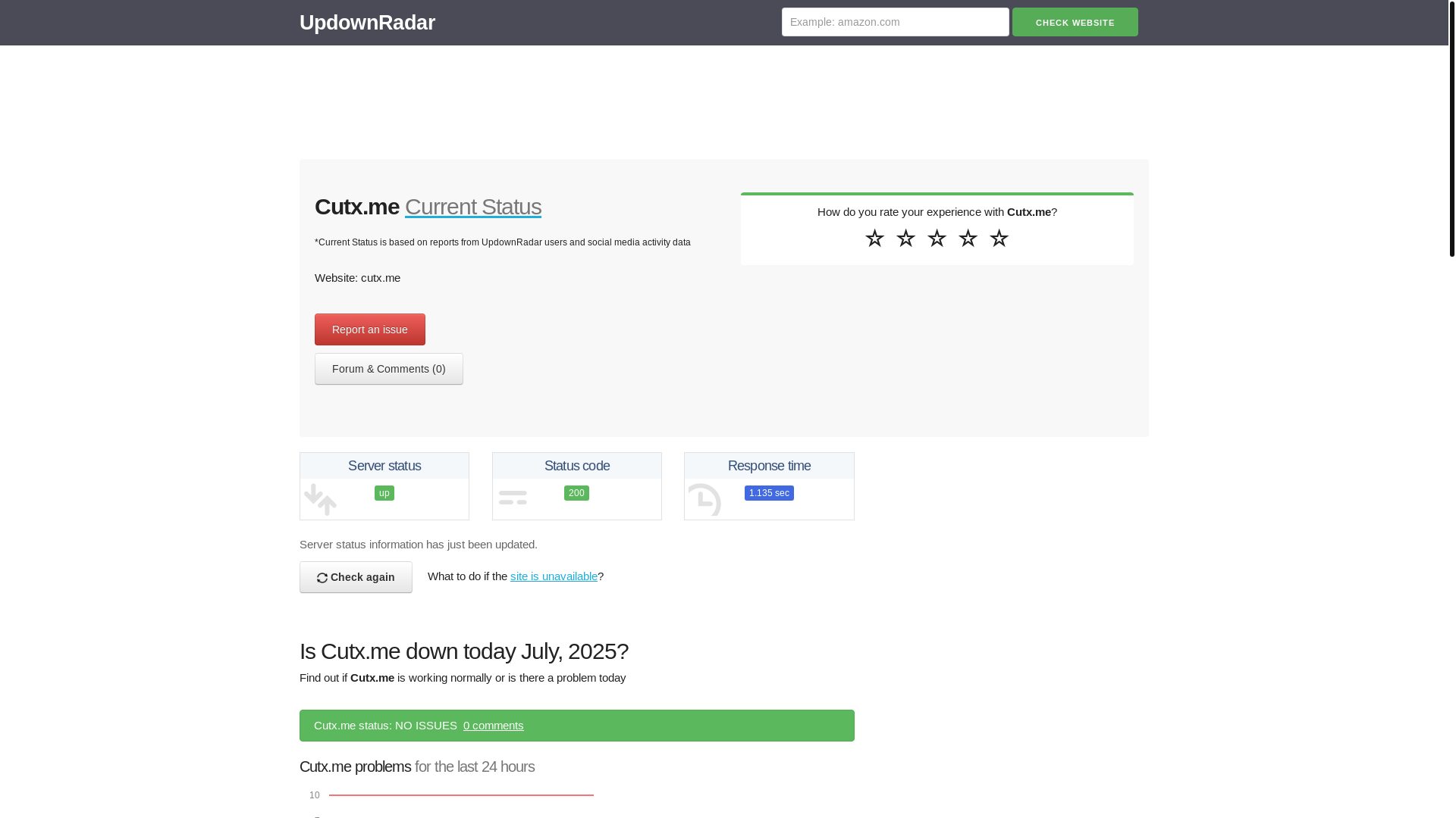 website screenshot of https://updownradar.com/status/cutx.me