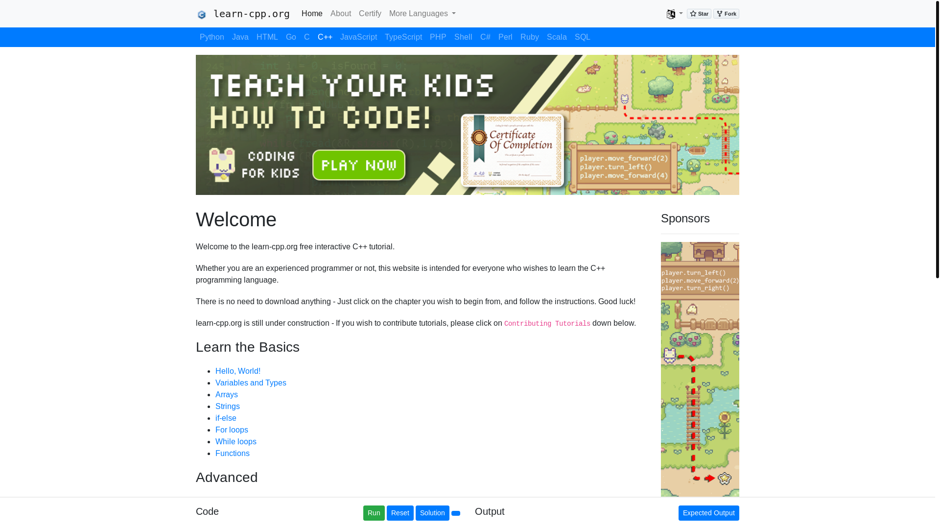 website screenshot of https://learn-cpp.org/