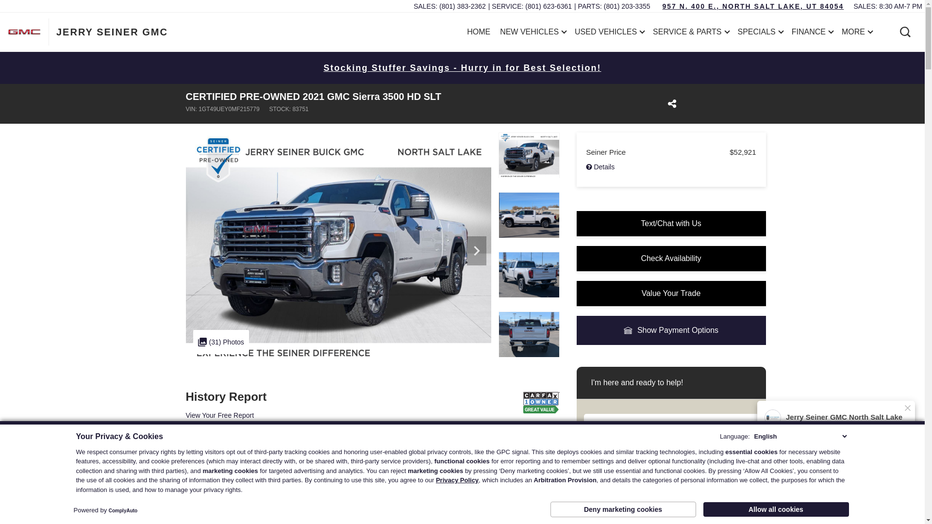 website screenshot of https://www.seinernsl.com/inventory/1GT49UEY0MF215779?condition=Used