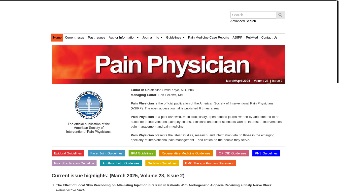 website screenshot of https://www.painphysicianjournal.com/