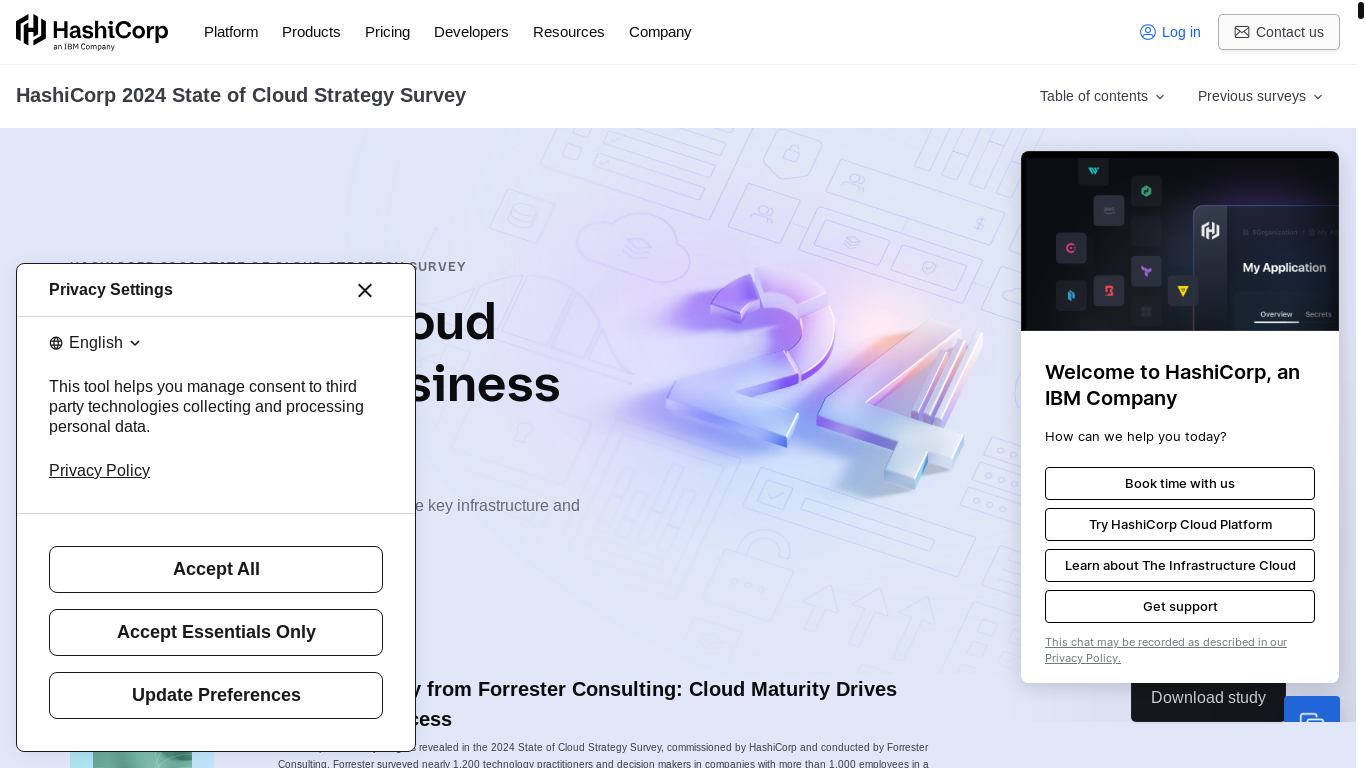 website screenshot of https://www.hashicorp.com/en/state-of-the-cloud