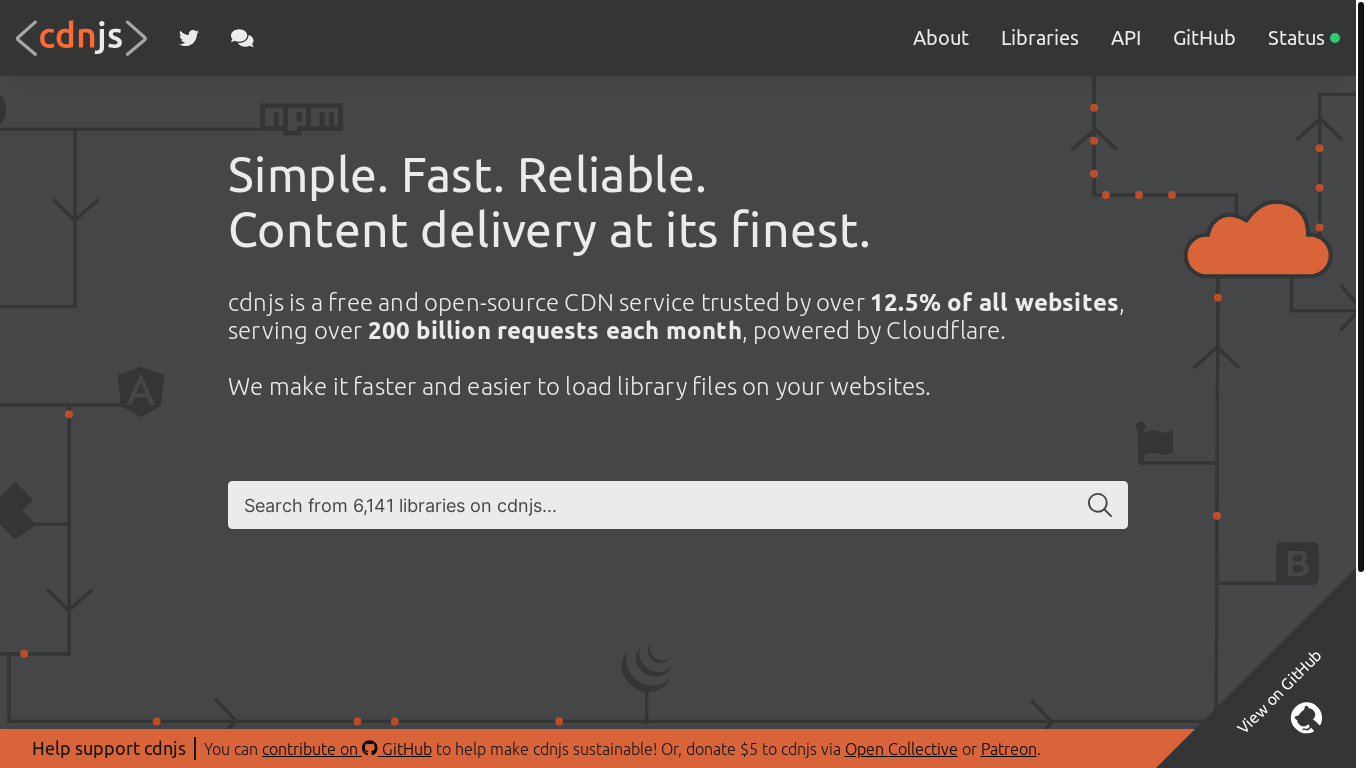 website screenshot of https://cdnjs.com/