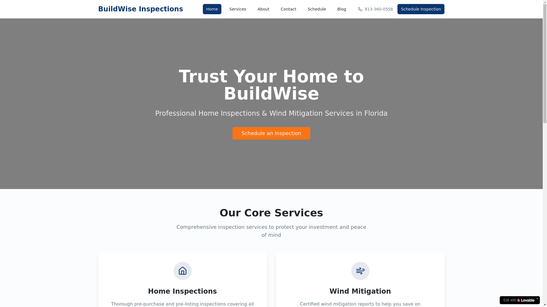 website screenshot of https://buildwiseinspections.com/