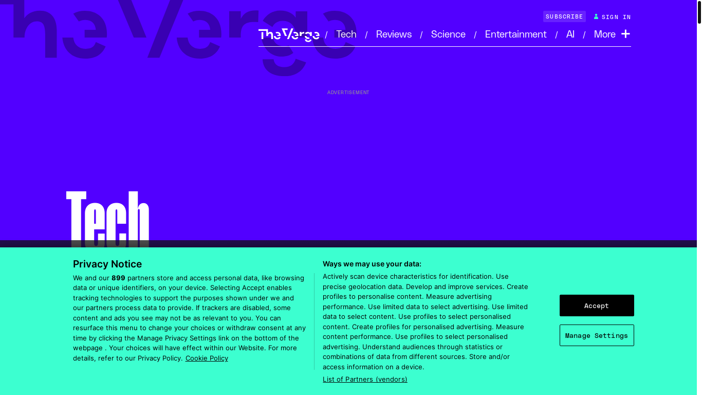 website screenshot of https://theverge.com/tech