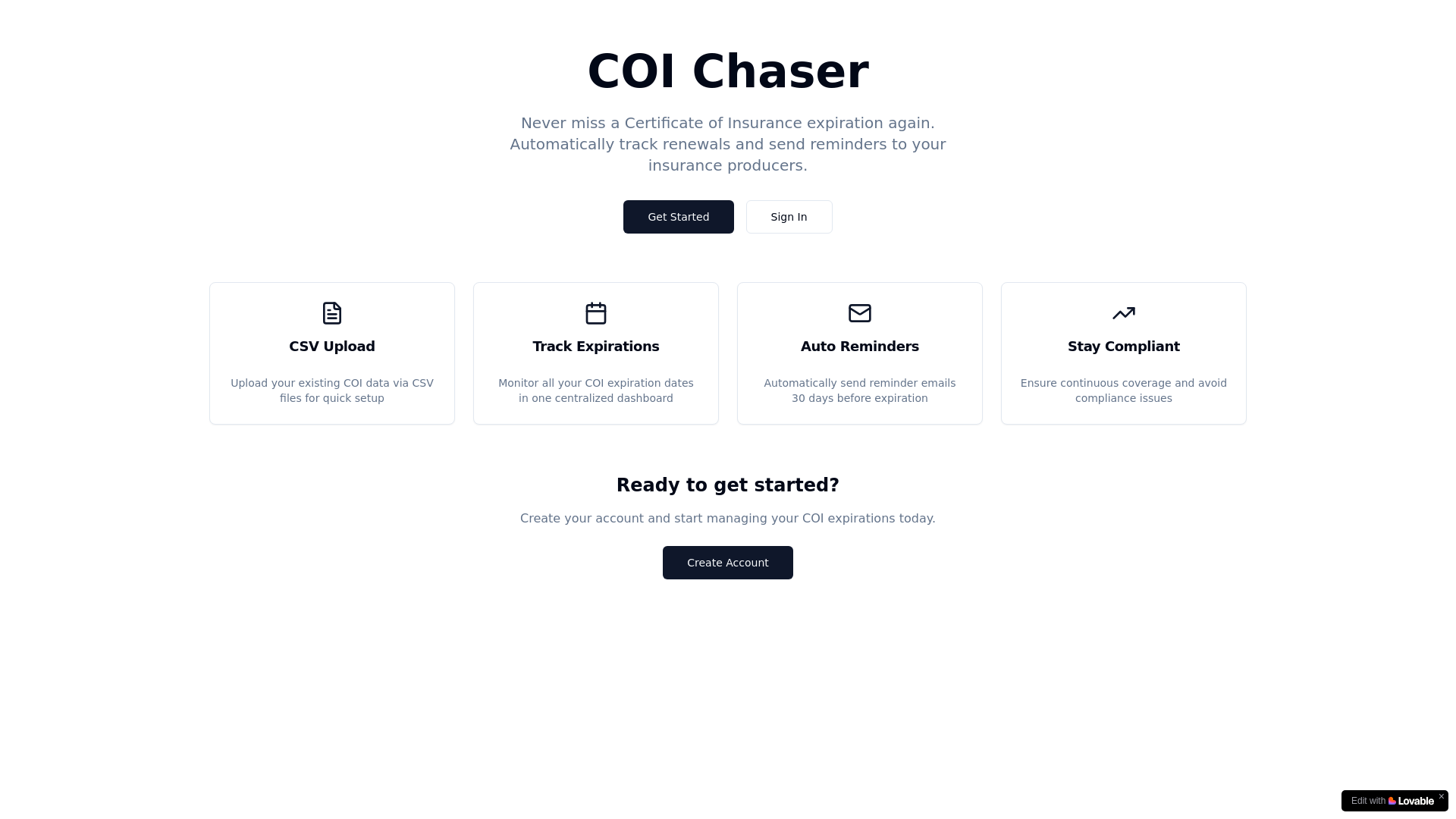website screenshot of https://coi-chaser.com/