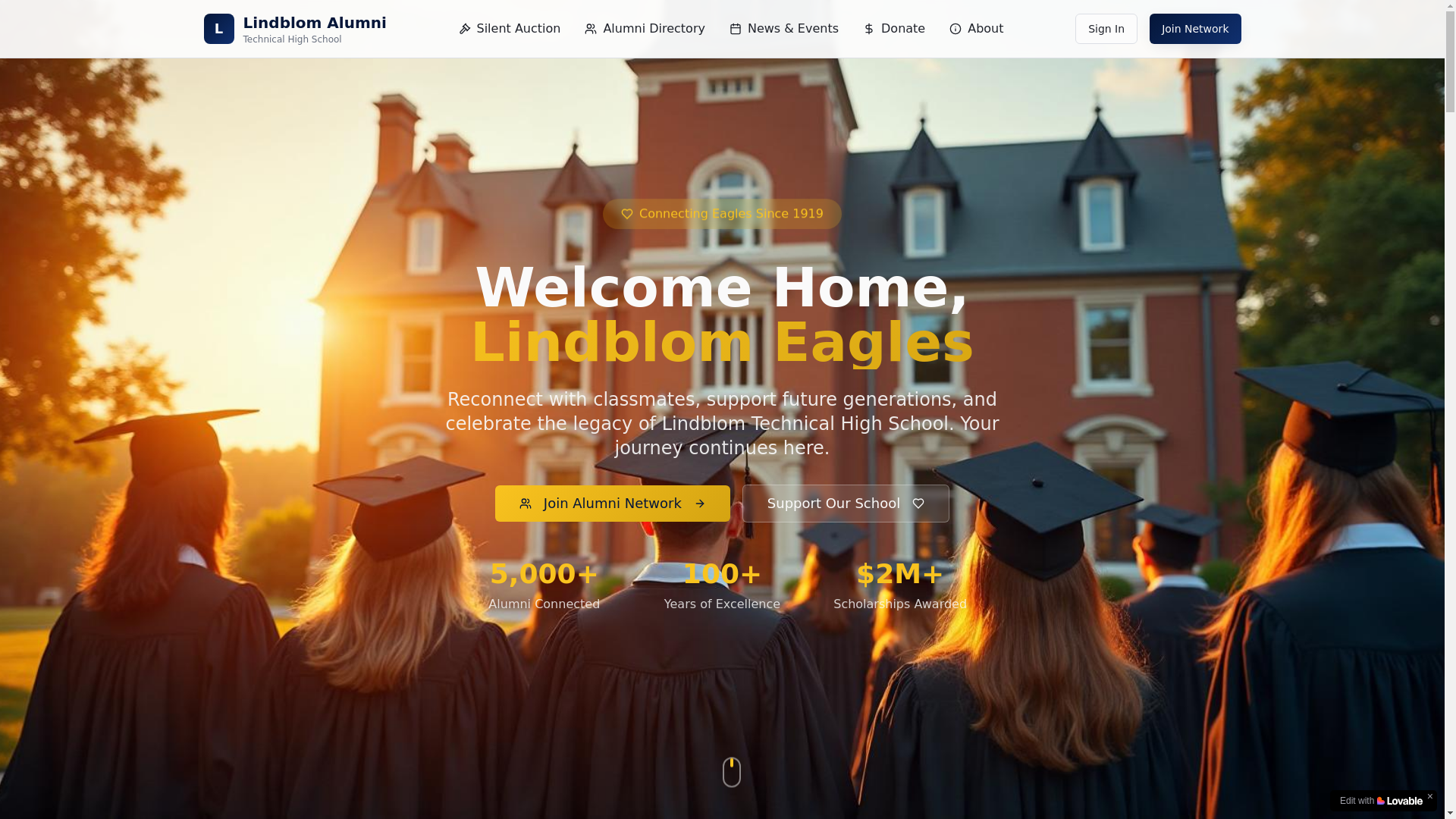 website screenshot of https://lindblomalumni.app/