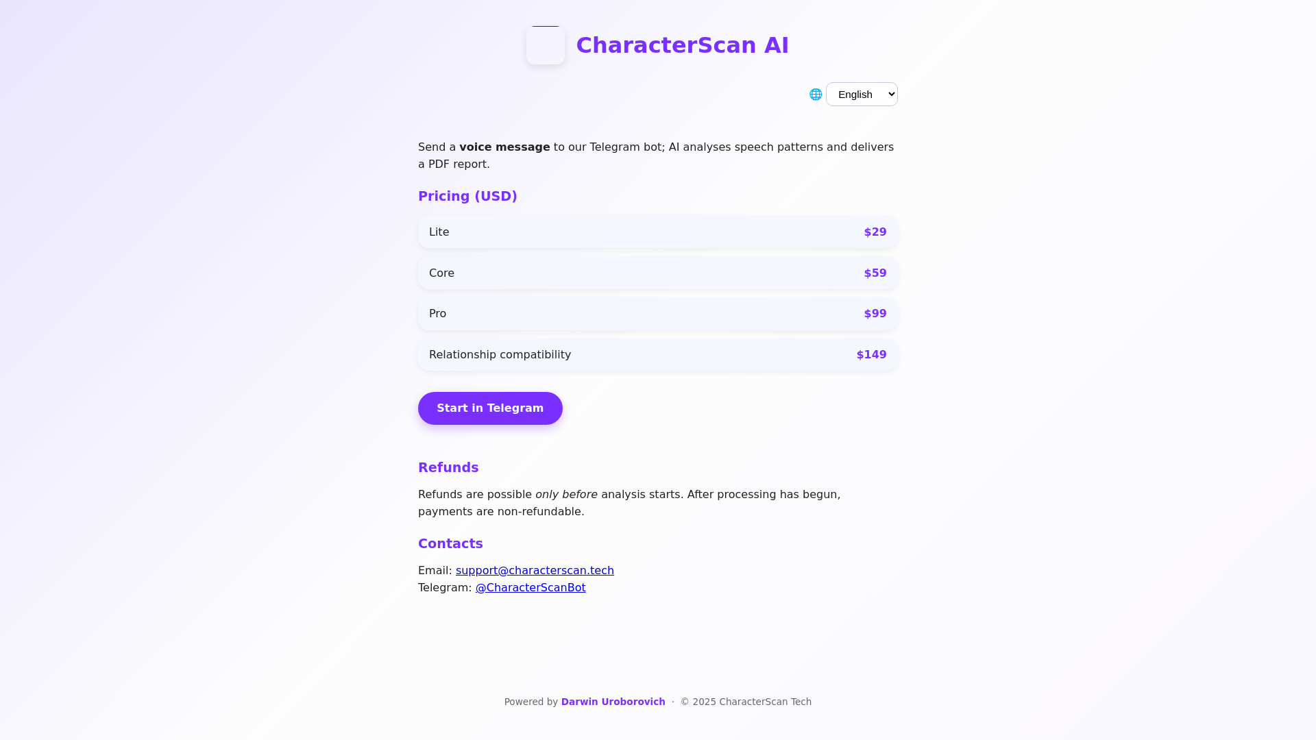 website screenshot of https://characterscan.tech/