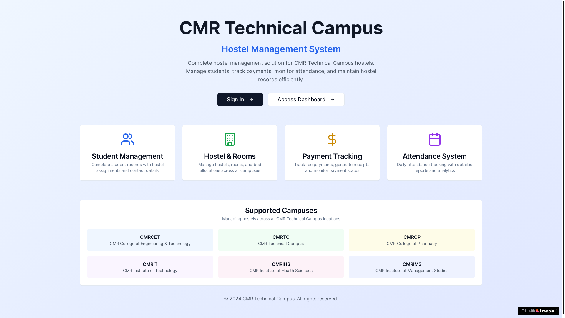 website screenshot of https://cmrgihostels.com/