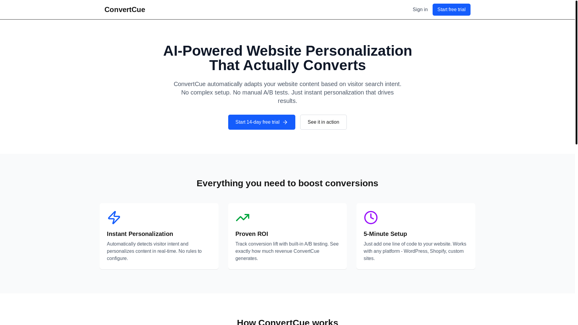 website screenshot of https://convertcue.co/