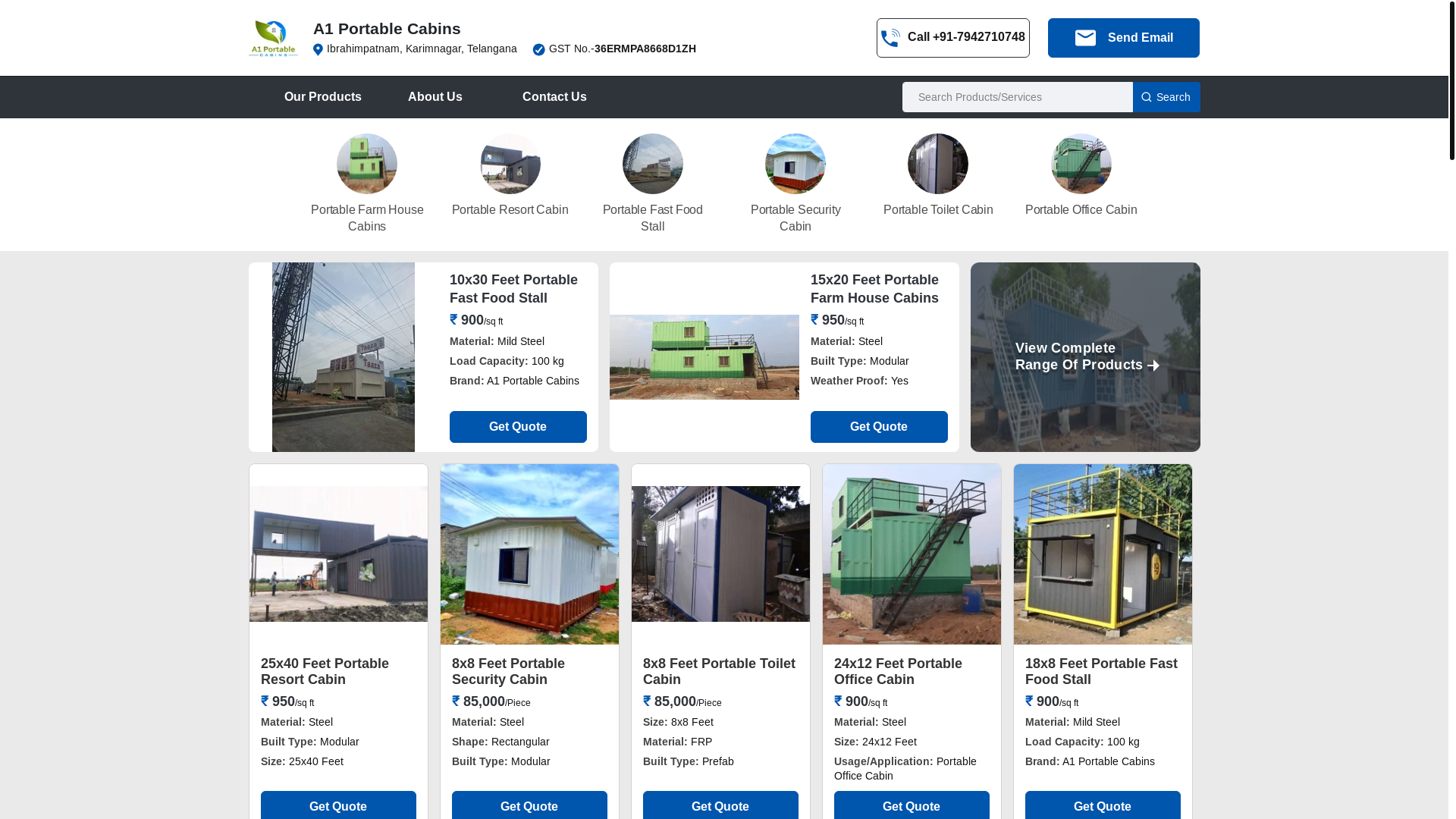 website screenshot of https://a1portablecabins.in/