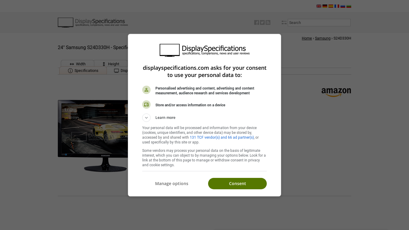 website screenshot of https://www.displayspecifications.com/en/model/9a01674