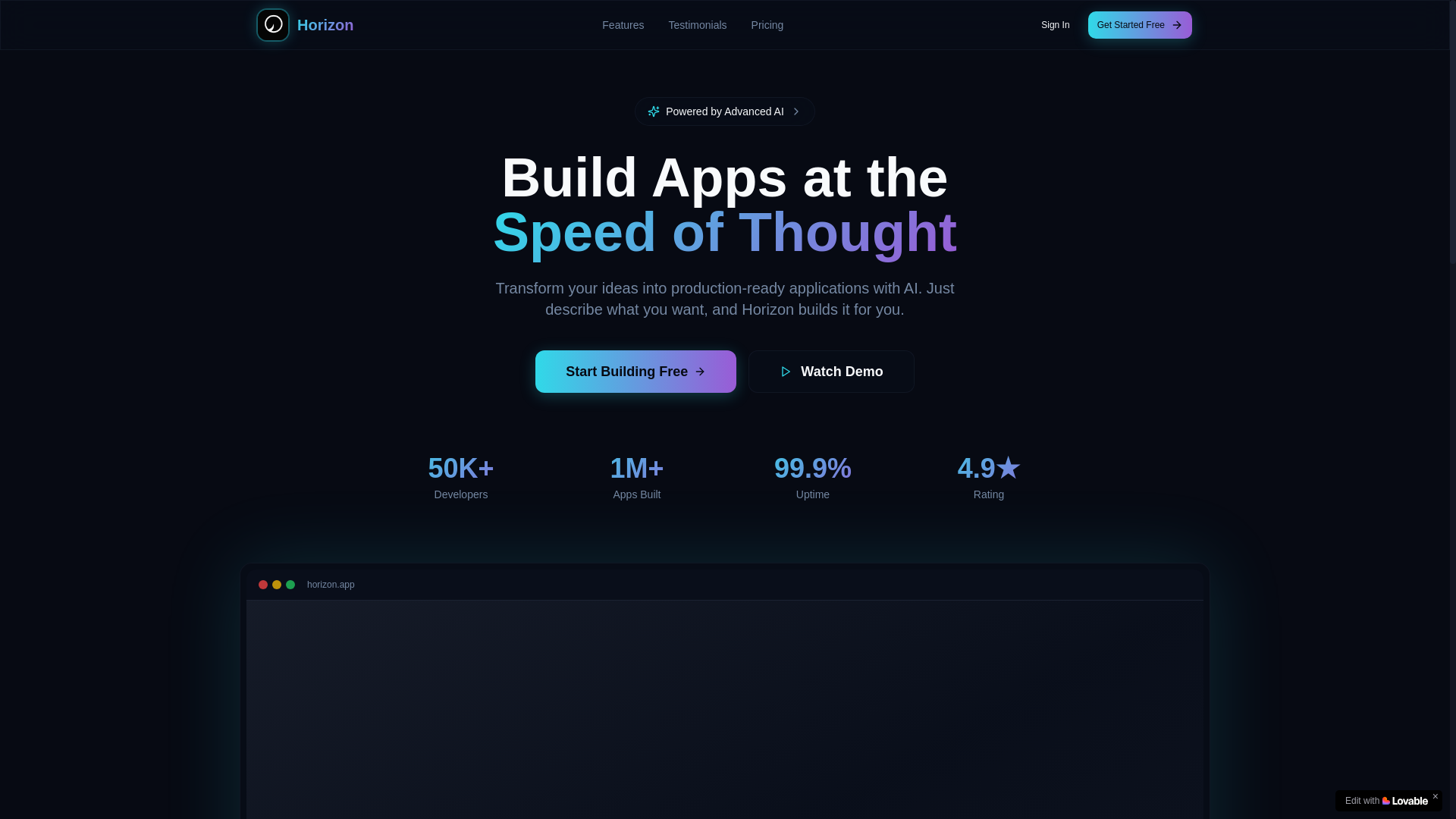 website screenshot of https://horizonbuilderai.lovable.app