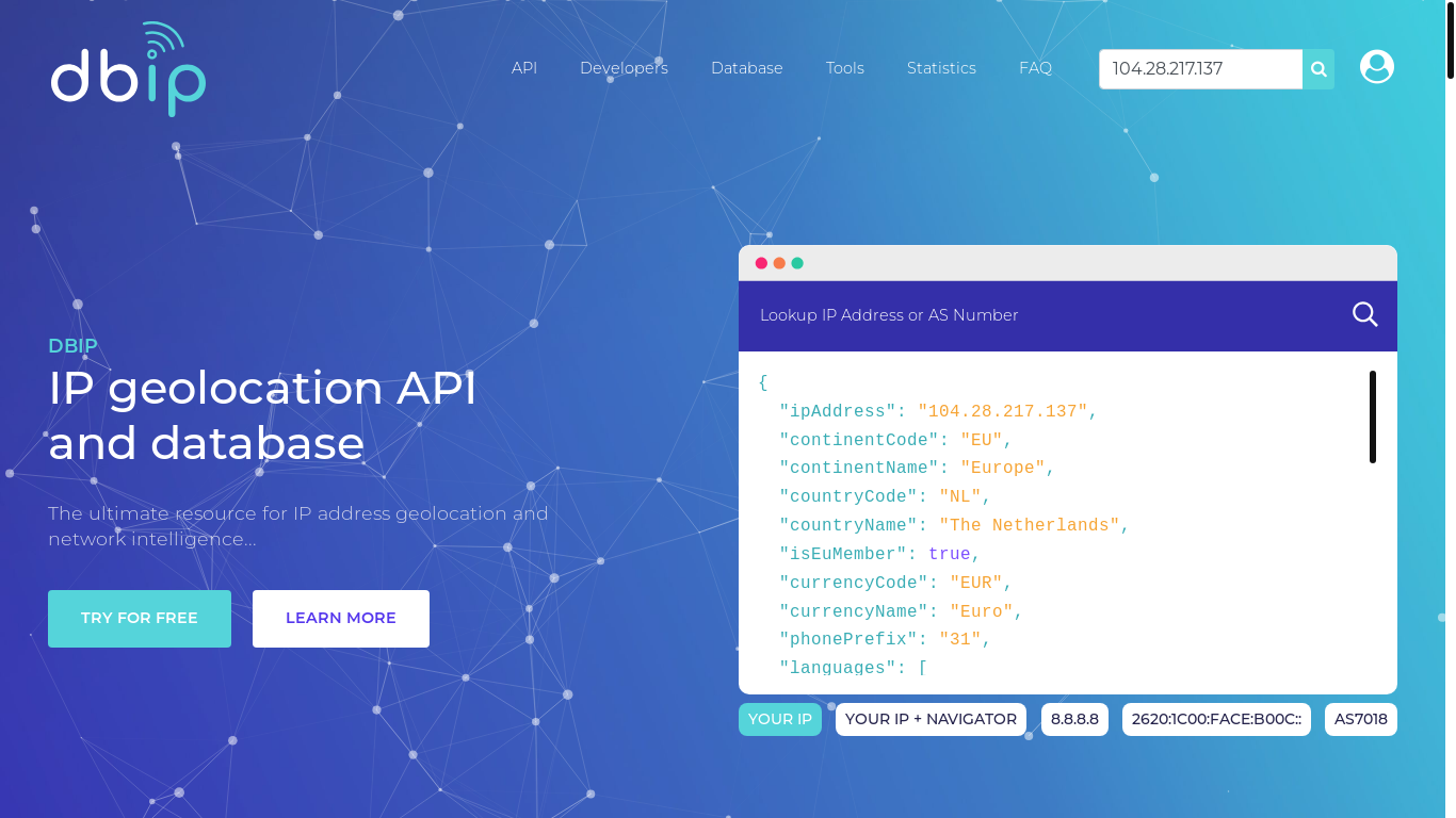 website screenshot of https://db-ip.com/