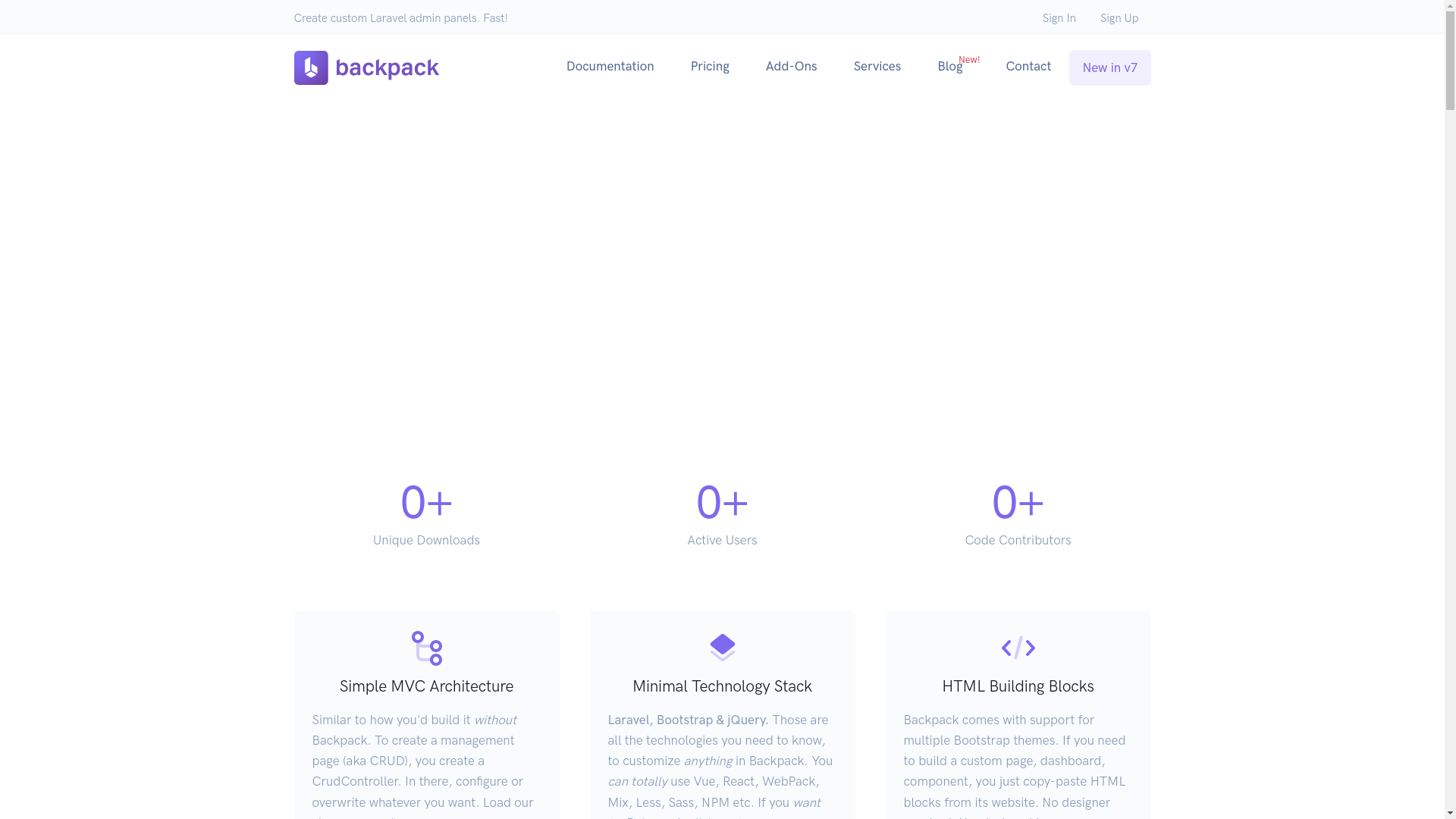 website screenshot of https://backpackforlaravel.com/