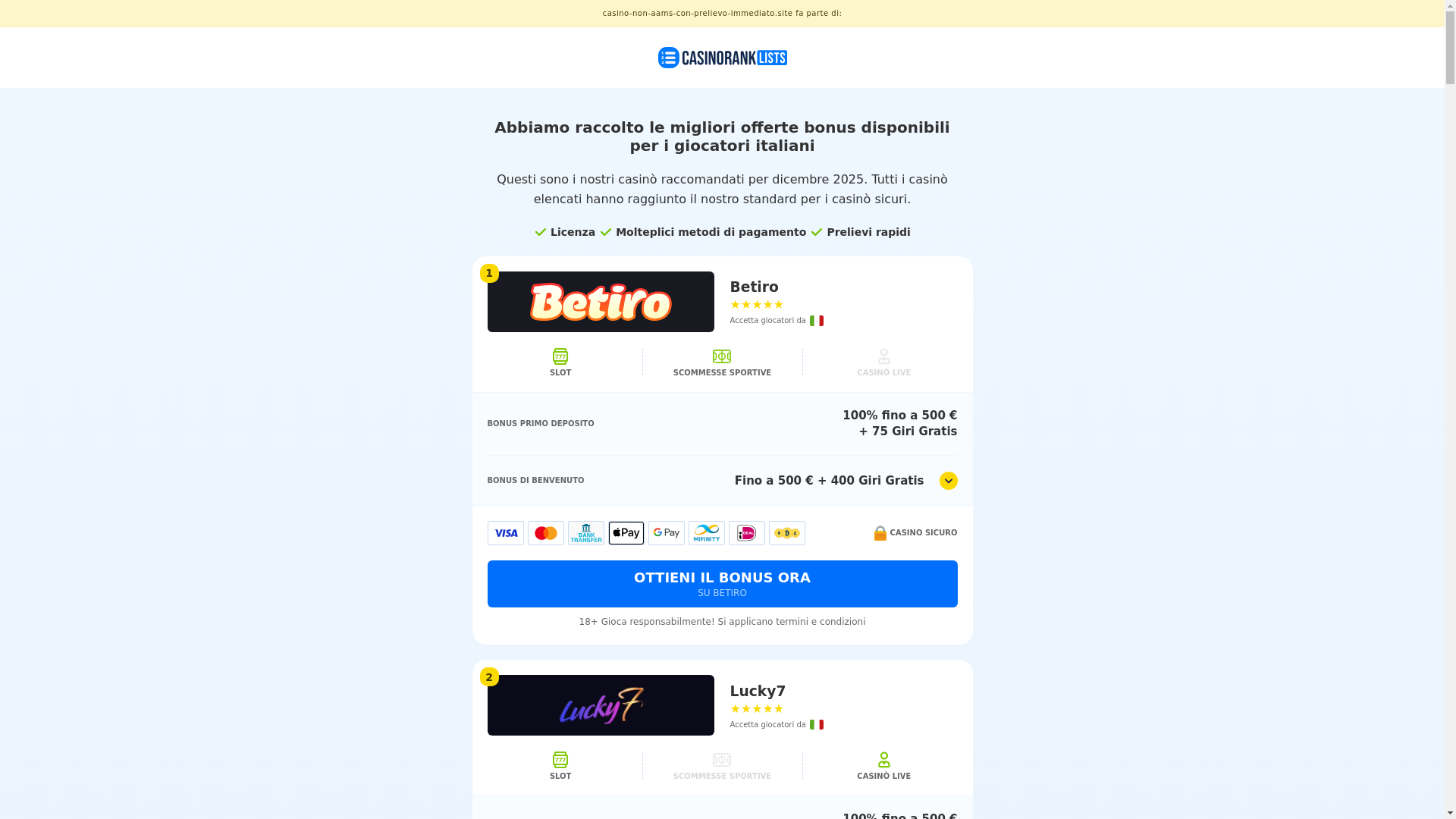 website screenshot of https://casino-non-aams-con-prelievo-immediato.site/