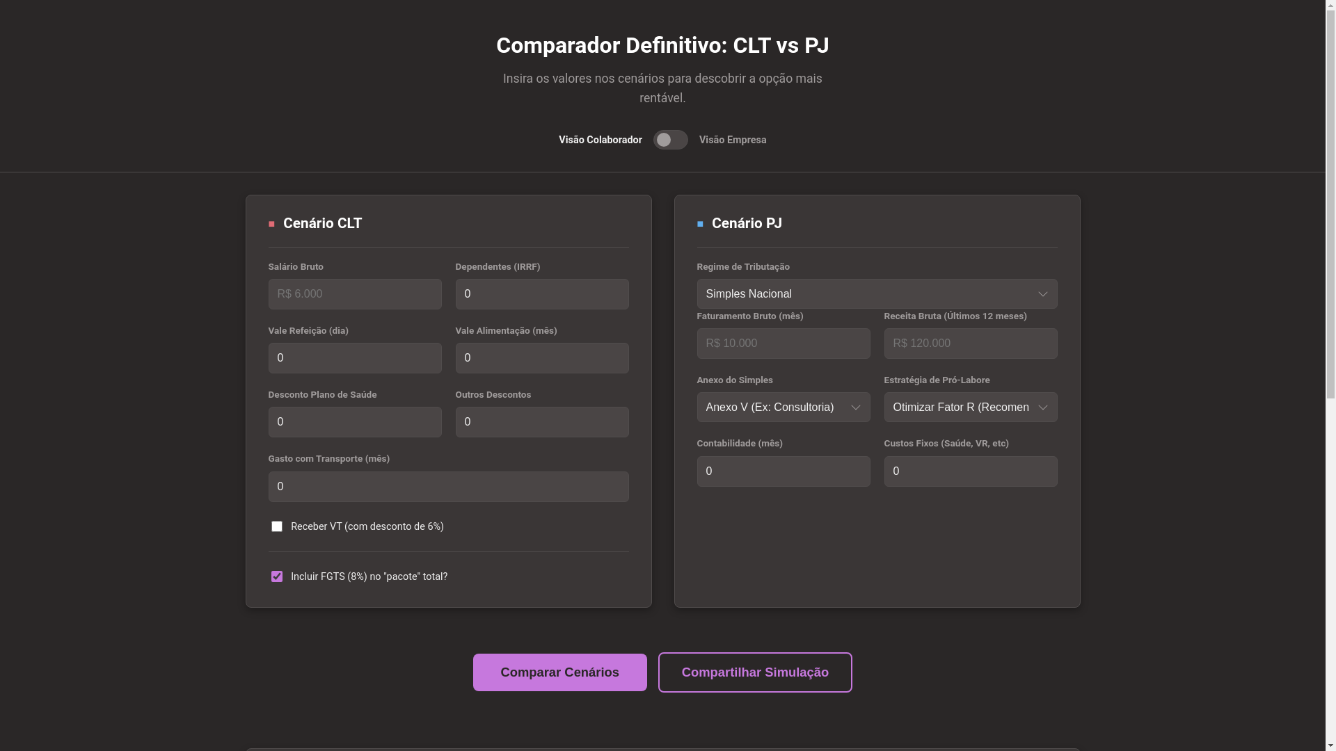 website screenshot of https://calculadoracltoupj.com.br/