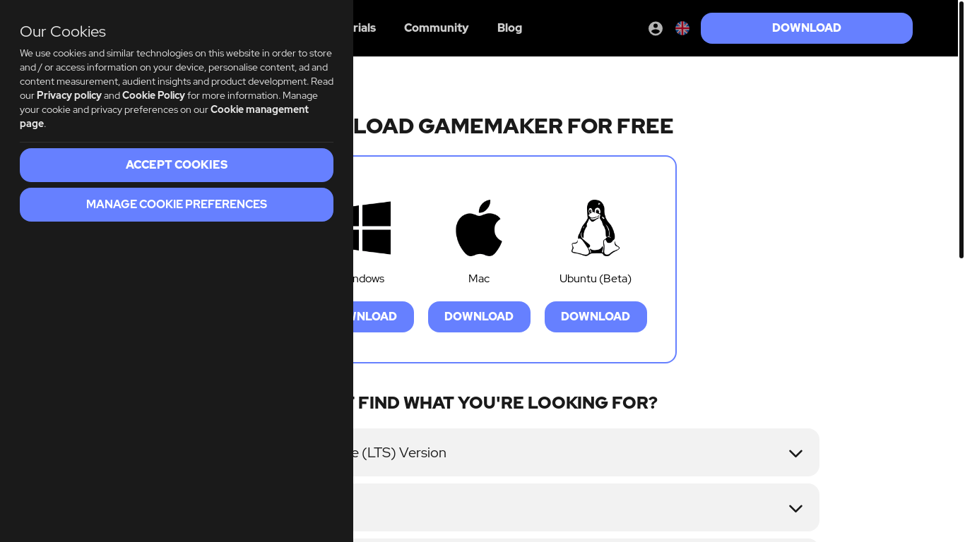 website screenshot of https://gamemaker.io/en/download