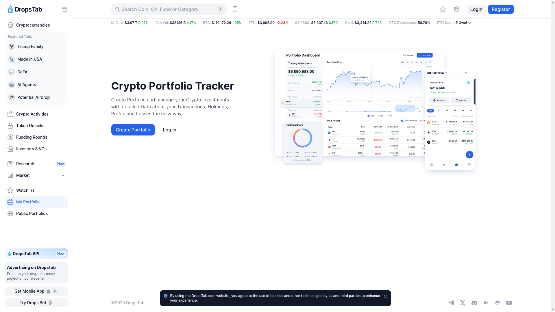 website screenshot of https://dropstab.com/portfolio