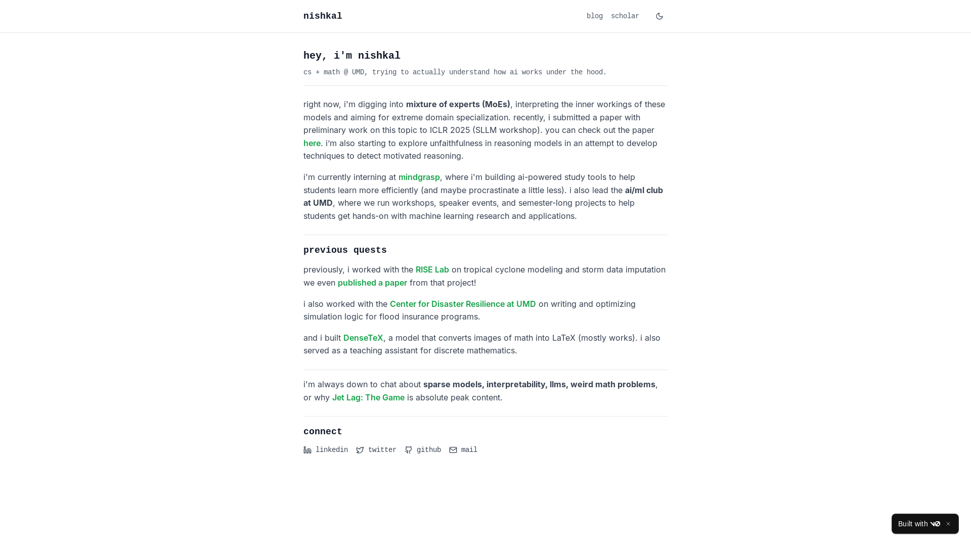 website screenshot of https://nishkal.xyz/