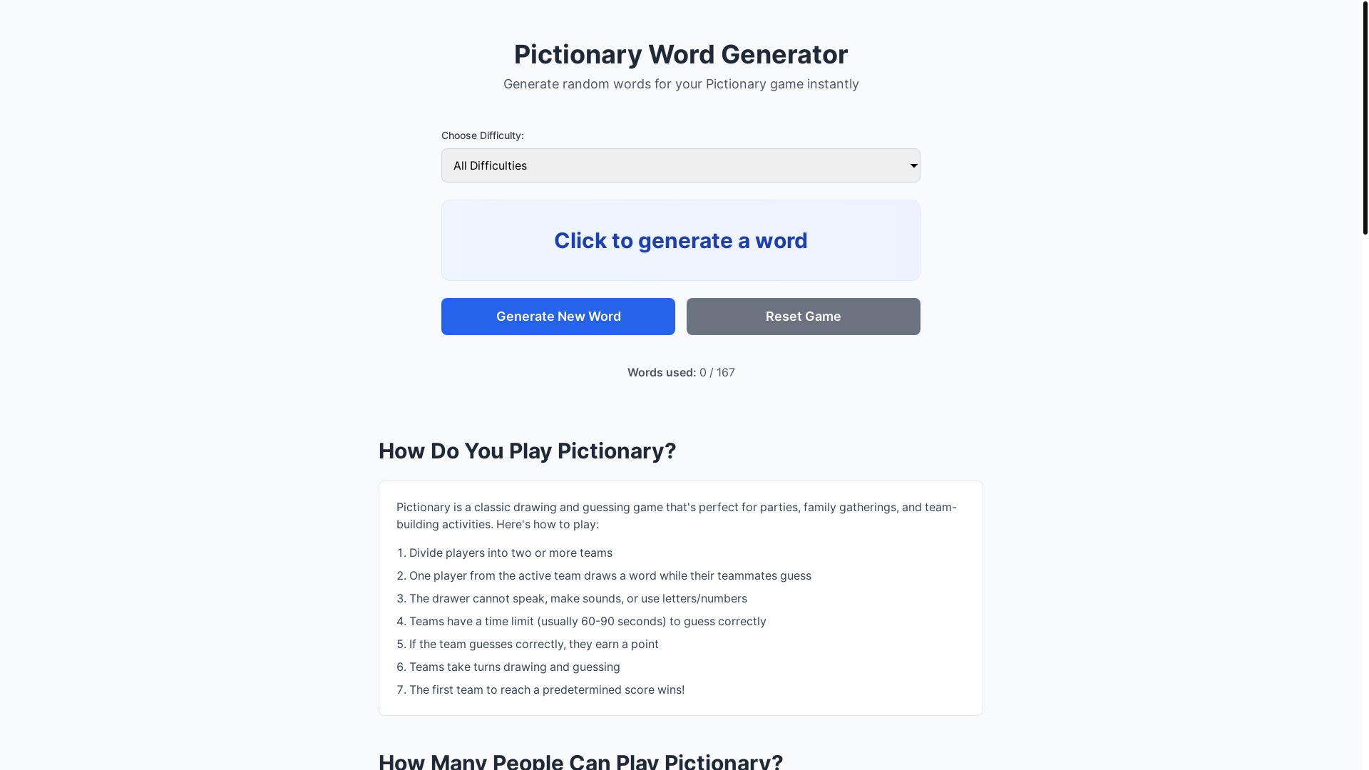 website screenshot of https://pictionarywordgenerator.online/