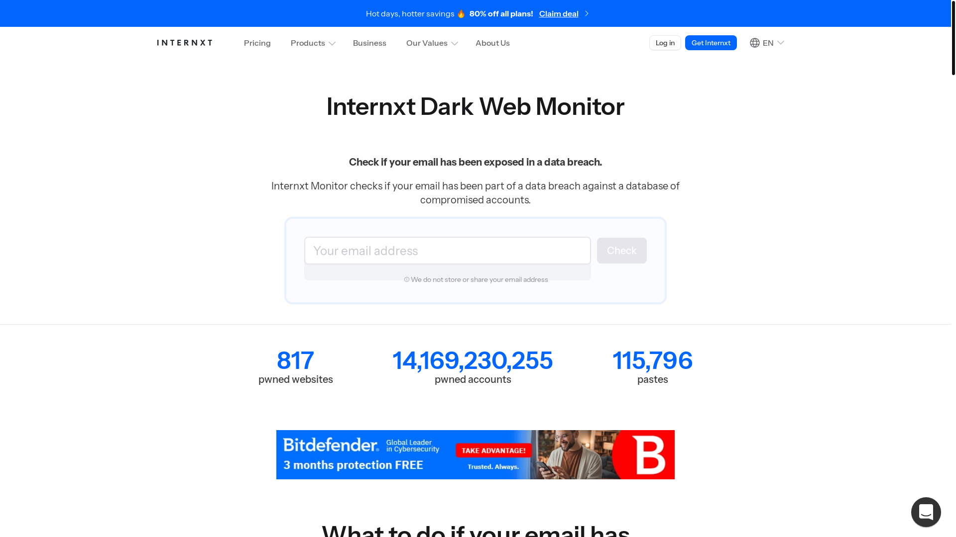 website screenshot of https://internxt.com/dark-web-monitor