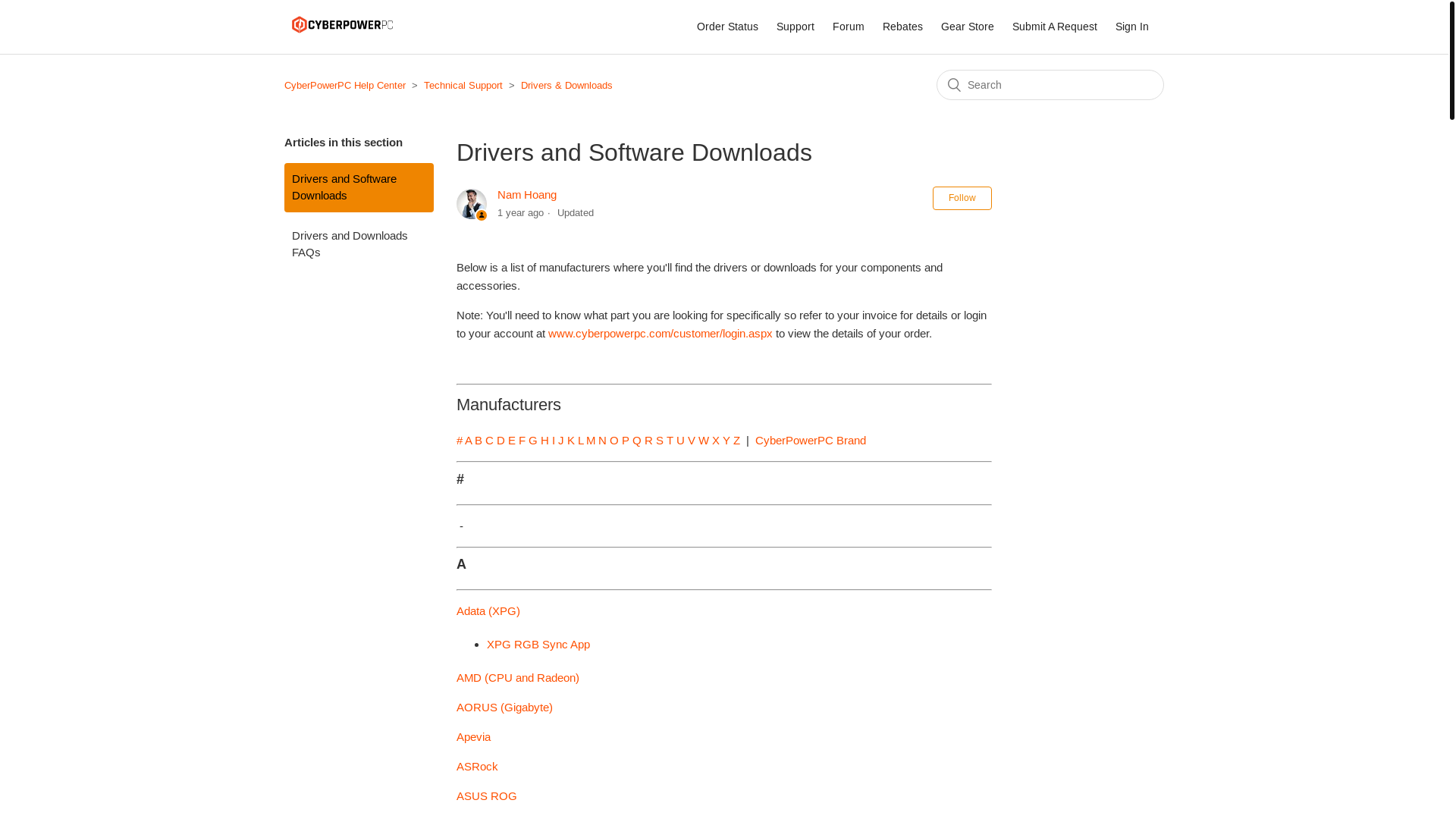 website screenshot of https://support.cyberpowerpc.com/hc/en-us/articles/360014857214-Drivers-and-Software-Downloads
