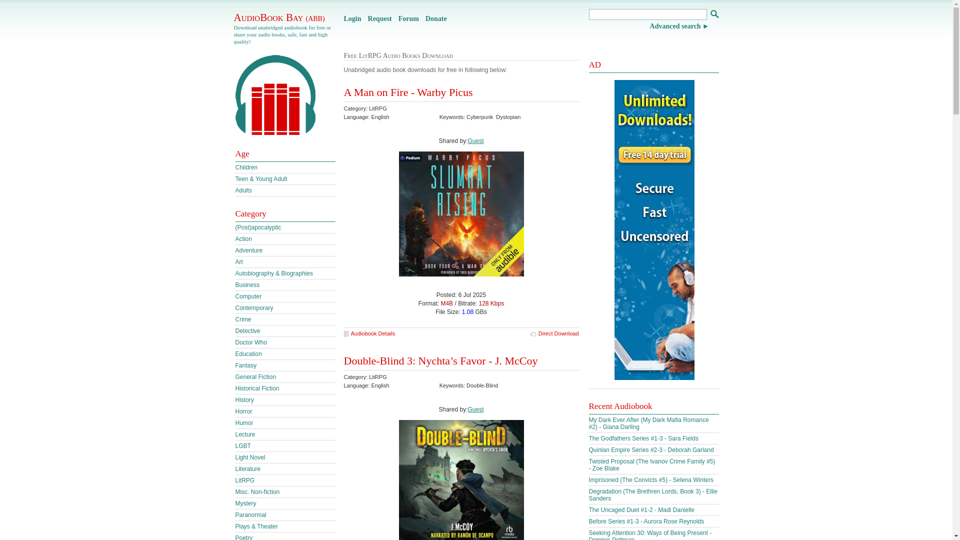 website screenshot of https://audiobookbay.lu/audio-books/type/litrpg/page/22/