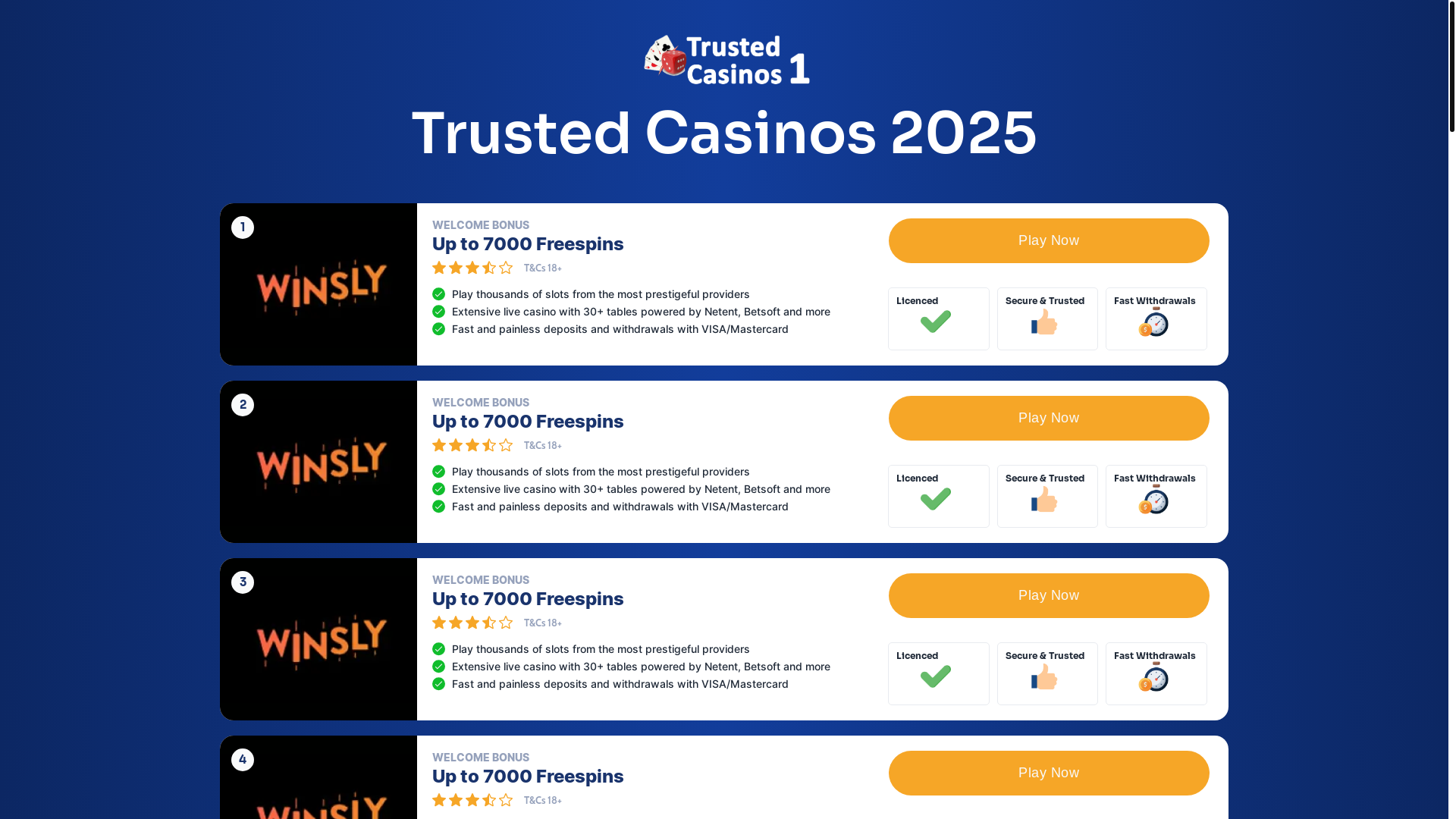 website screenshot of https://trustedcasinos1.com/