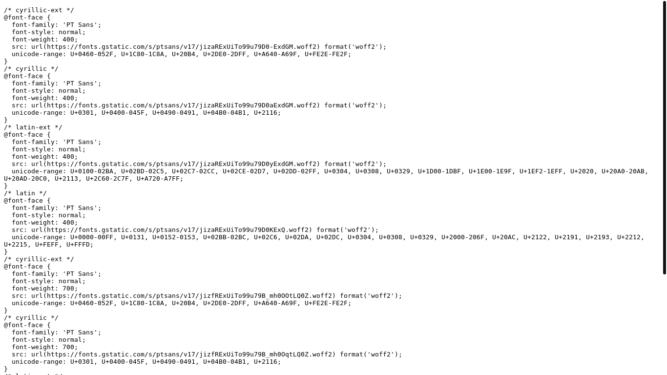 website screenshot of https://fonts.googleapis.com/css2?family=PT%20Sans:wght@400;700