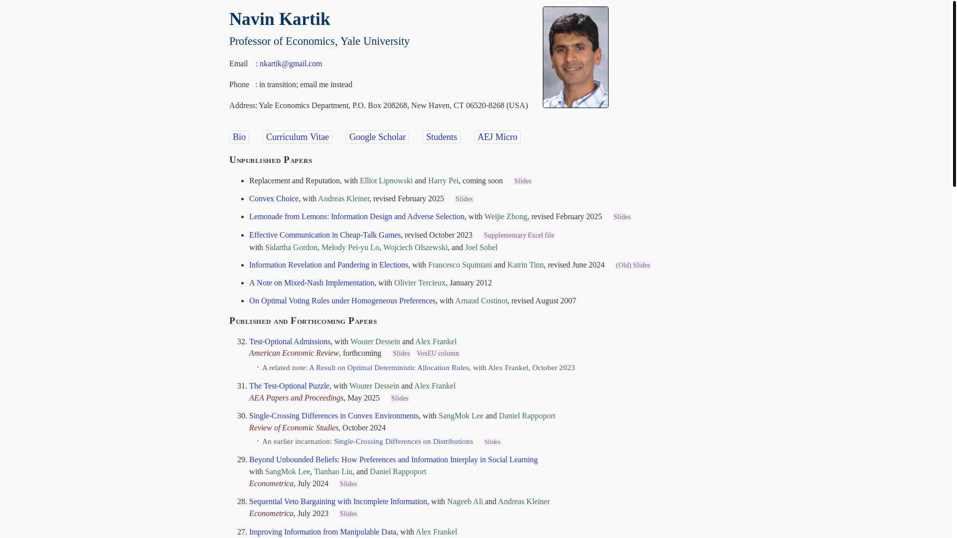 website screenshot of https://navinkartik.com/