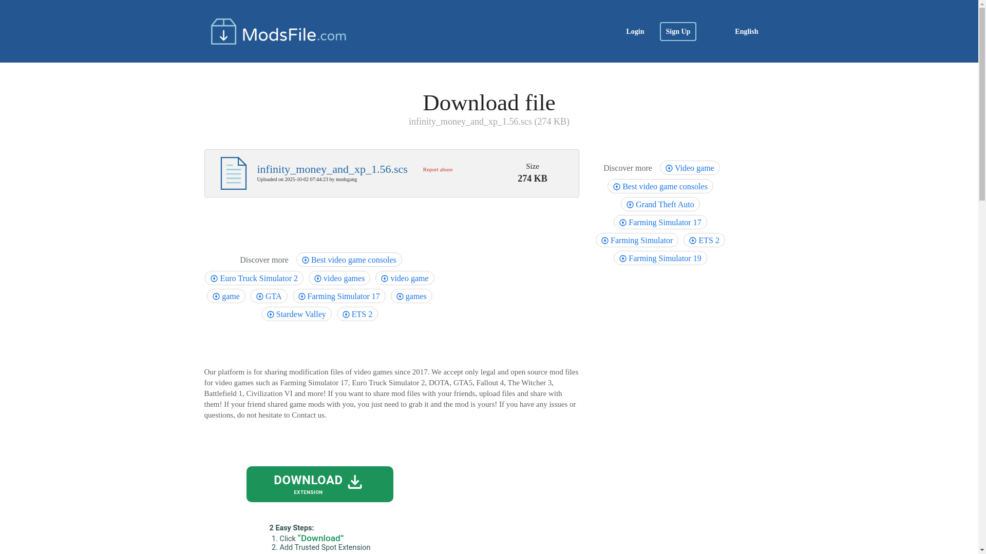 website screenshot of https://modsfile.com/2q39przlt6pd/infinity_money_and_xp_1.56.scs.html