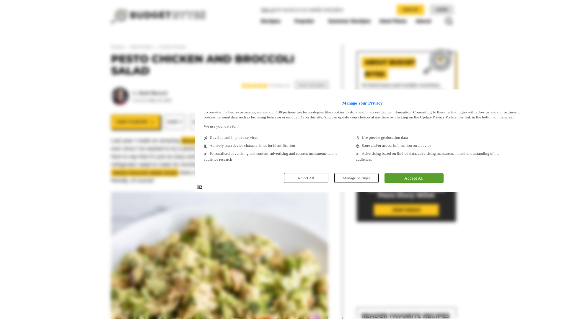 website screenshot of https://www.budgetbytes.com/pesto-chicken-and-broccoli-salad/